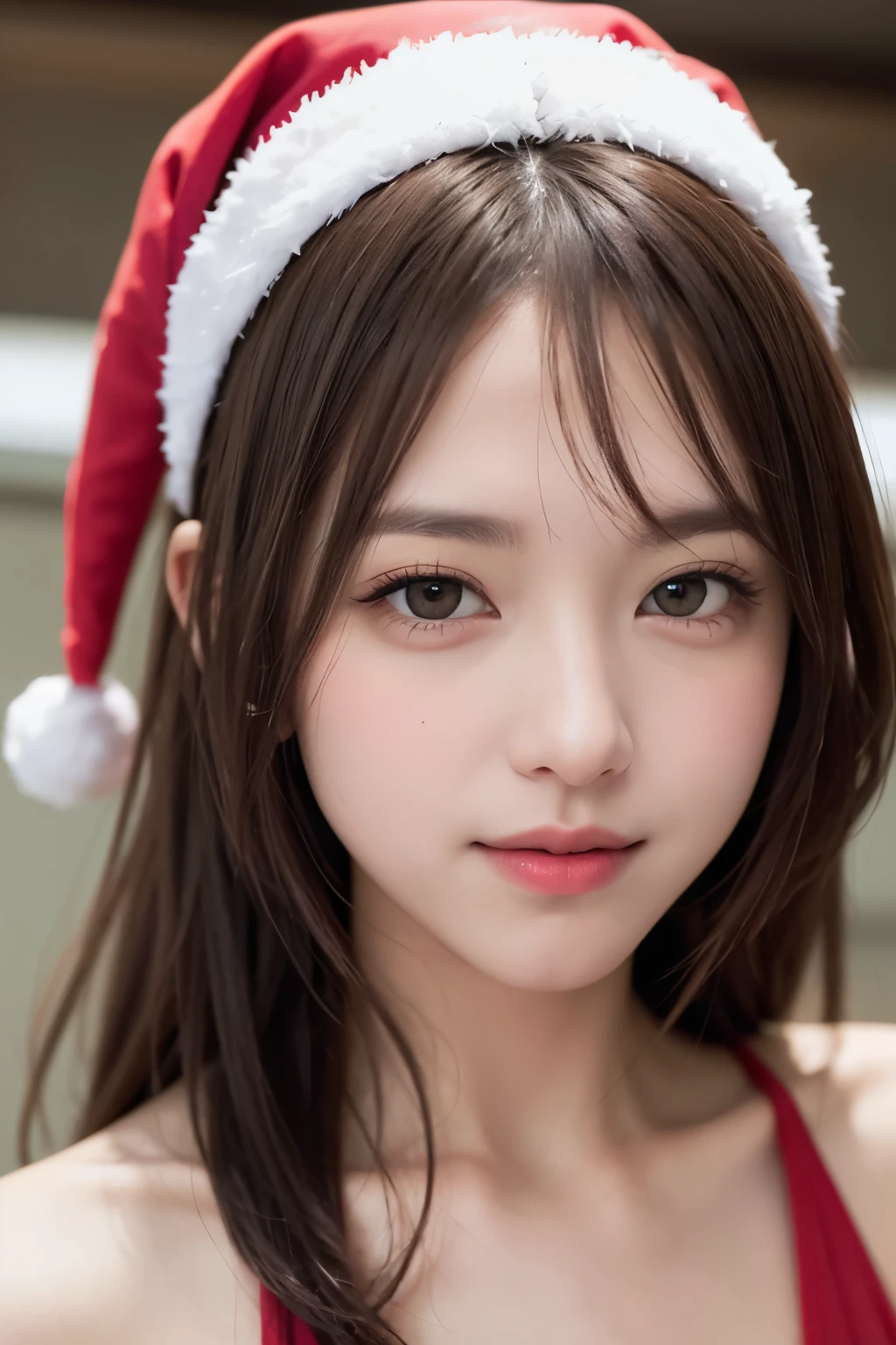 masterpiece, The highest image quality, alta calidad, hermosa una chica, 18-year-old Russian, maquillaje ruso popular,Santa Claus costume、Nochebuena、 detalles, Ojos hinchados, Un ojo detallado, Piel detallada, Hermosas pieles, Súper high resolution, (Realidad:1.4), muy extremadamente hermoso, slightly younger face, Hermosas pieles, esbelto, (Un hiperrealista), (high resolution), (8K), (ojos bellamente detallados), (ultra detallado), (muro-), (cara detallada), mirando a los espectadores, finamente detalle、Una cara detallada、pureerosfaceace_v1、Una sonrisa、mirando al frente、Se ve recto de cintura para arriba.、fotos realistas、bright lighting、cabello largo、ciudad de invierno