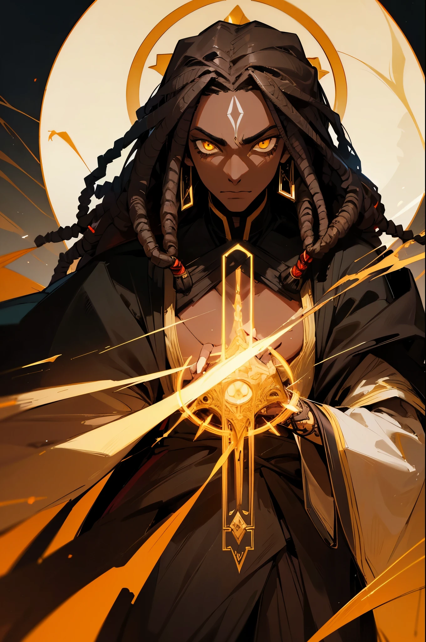 An (African-American) male, with dark black (dreadlocks), yellow eyes, dark (brown skin), (regal assassin), sith robes, demon prince, close-up shot, perfect composition, hyper-detailed, 8K, high quality, (perfect eyes), trending art, sharp focus, studio photo, intricate details, action pose