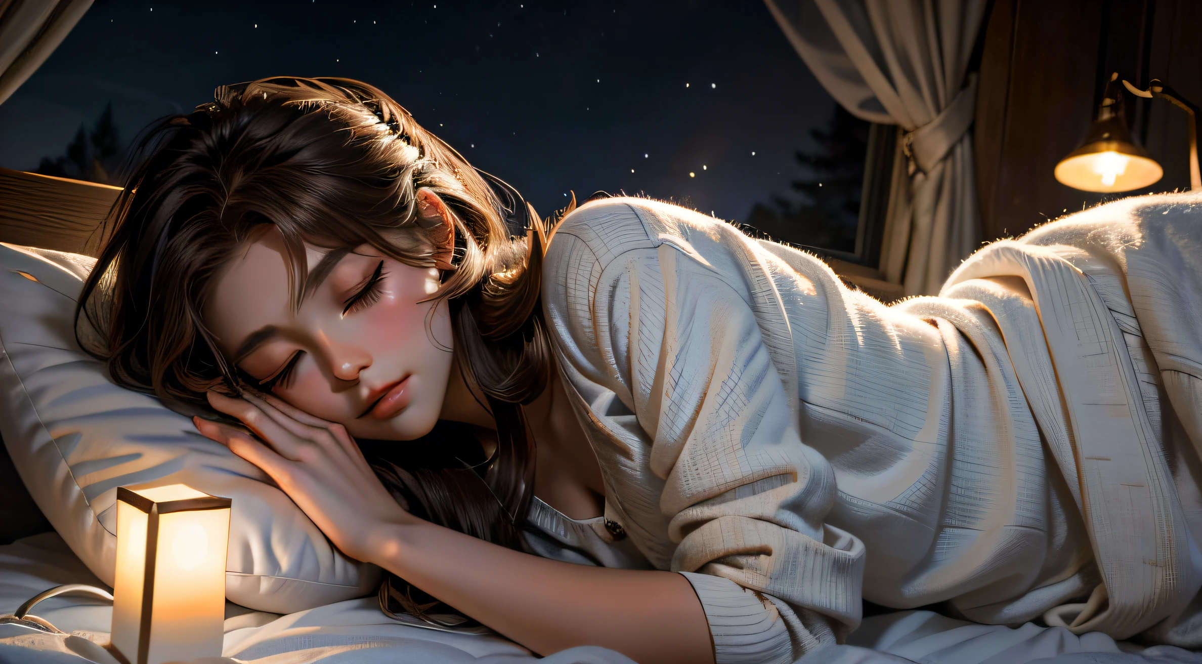 Sleeping age girl lying on white bed and posing, put one's head on the pillow, dark night sky in mountain cave, rotation of light, rotation of the lamp, 22 years old, extremely realistic, She is wearing pajamas, brown hair. Perfect hands and perfect fingers. Perfect details of caravan truck
