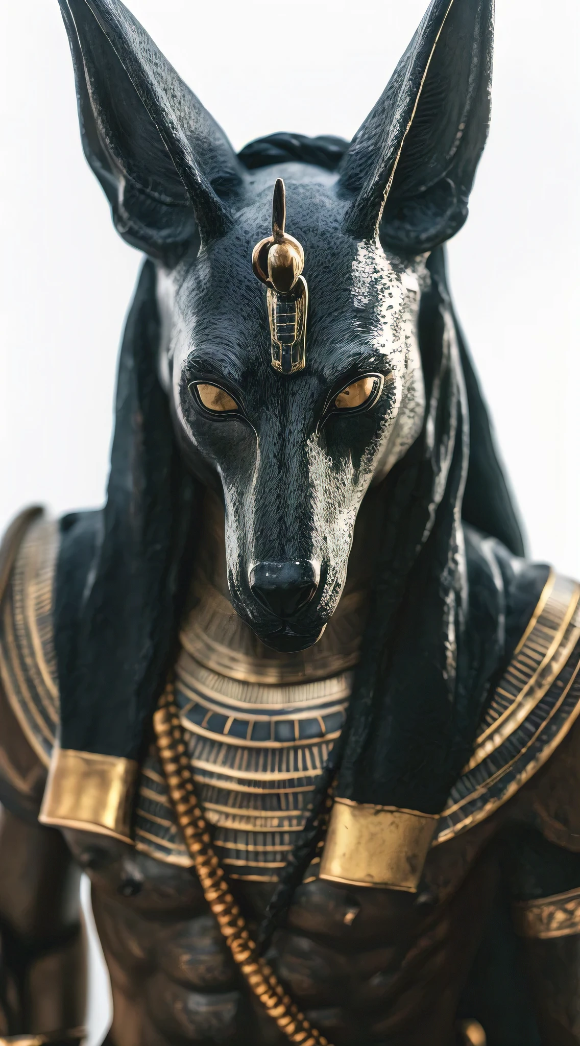 (best quality, masterpiece:1.2), Photo of a statue of the Egyptian god of death Anubis, standing close to the camera, looking into the camera, lighting from a lamp above his head, white background, hyper-realistic image