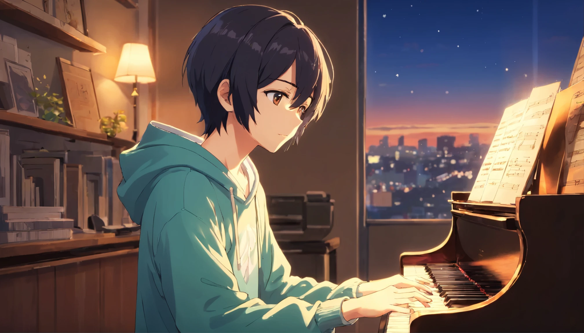 anime boy with white headphones, black hair, lofi boy, 28 years old, japanese man, anime vibes, lofi artstyle, anime style 4k, anime aesthetic, nightcore, lofi feel, lofi art, anime art wallpaper 4k, lofi vibes, hoodie, plants in the room, Playing the piano, Elegant and graceful posture, Fingers dancing skillfully on the keyboard, Delicate sounds echo in the room, soft and warm lighting, Heavenly music that fills the air, Vintage grand piano with glossy finish, Gentle sunshine, city view, a thick candle is lighting., anime, cinematic lighting, Sony FE GM, masterpiece, best quality, 4K, highres