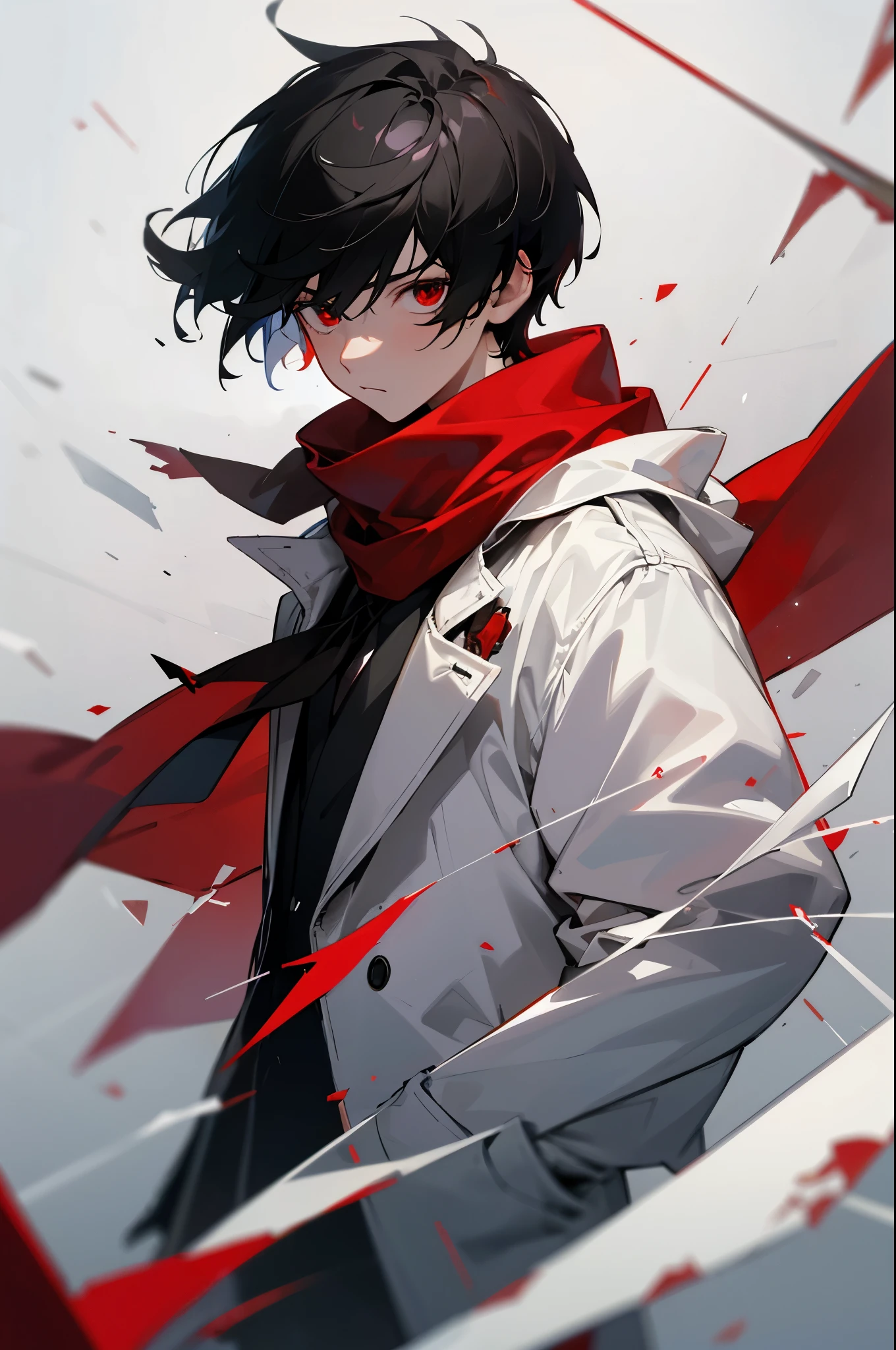 1boy, short black hair, red eyes, wearing a white jacket, wearing a red ribbon as a scarf, sad, falling, surrounded by shattered glass, facing to the side, looking straight at viewer, upper body shot, absurdres, high res, ultrasharp, 8k, masterpiece