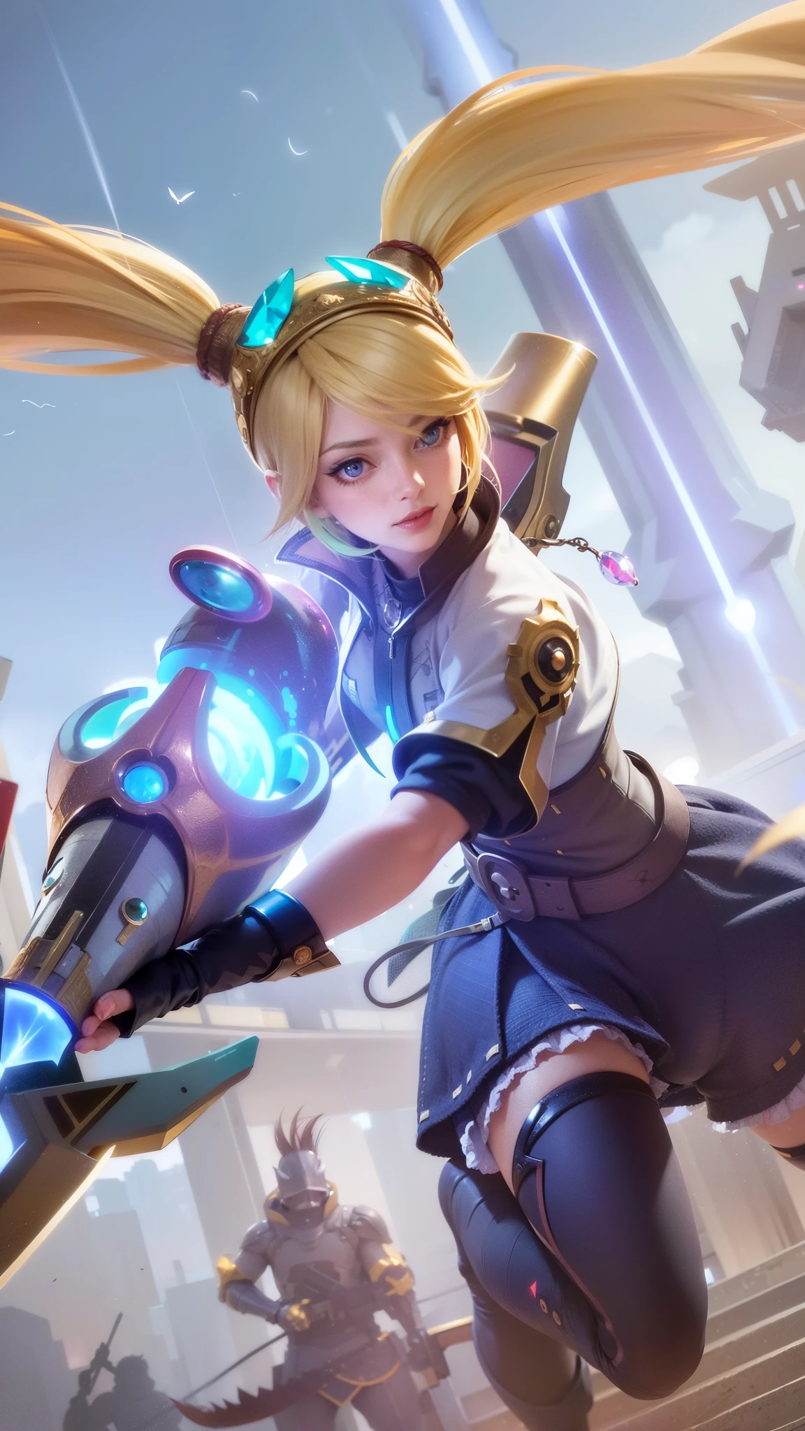 (female:1.2), 8k, ultra hd, ultra detailed texture, hyper realistic, masterpiece, detailed texture, detailed face, detailed skin, detailed lighting, (photorealistic:1.5), best quality, beautiful lighting, cinematic lighting, professional lighting, ultra highres, realistic, detailed hair, real hair, high quality, (realskin:1.5), extremely detailed, finely detail, ultra-detailed, 1girl, solo, standing, demon horns, forehead protector, blue eyes, v-shapped eyebrow, make up, pretty, beautiful, long hair, brown hair, high ponytail, black armor, pauldrons, bare shoulders, shoulder armor, thigh high, depth of field, white skin, skin tight, amazing pose, outdoors, glowing, very detailed, close-up shot of a woman with a gun in her hand, smile, cute face, red lips glossy
