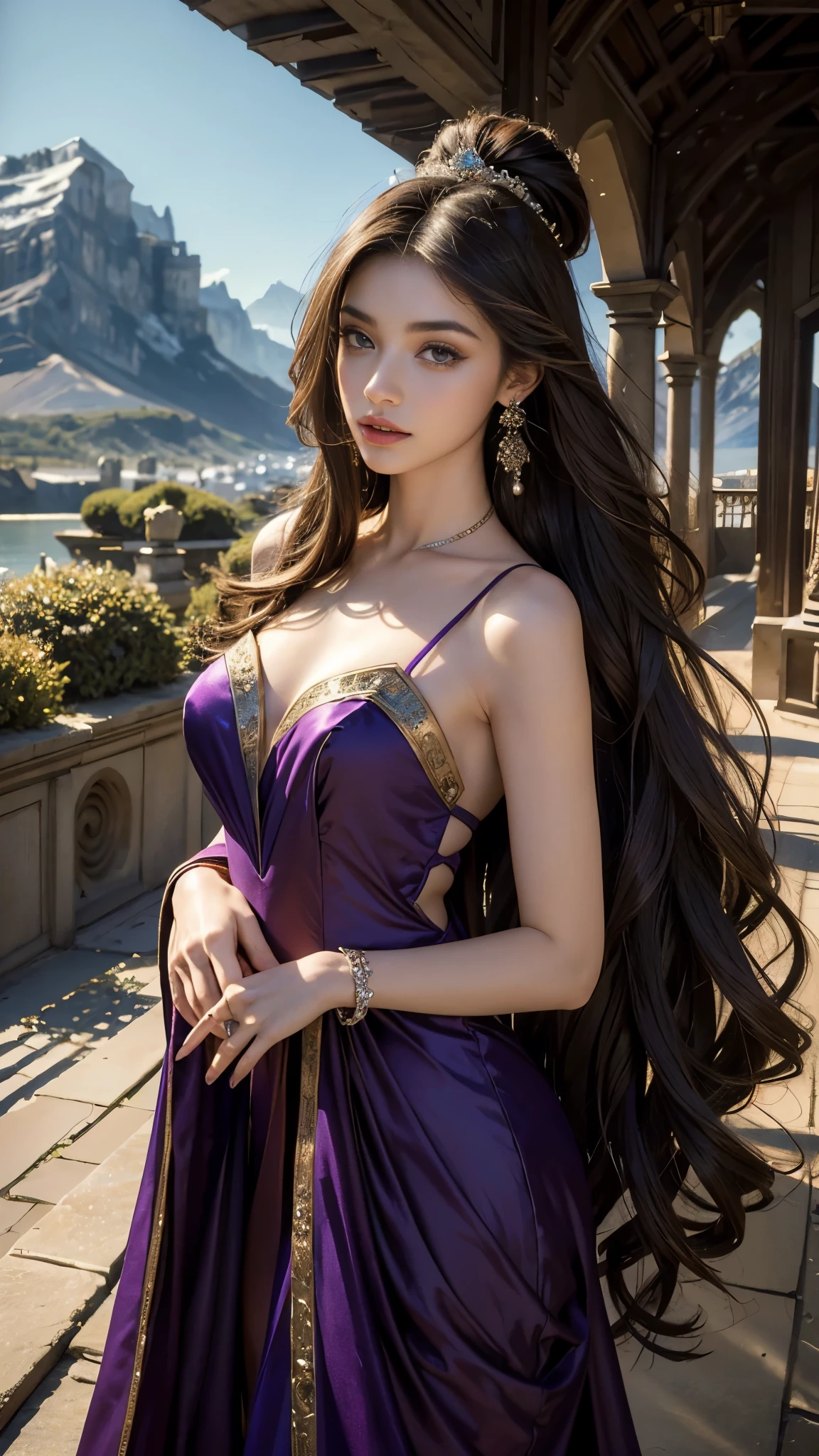 8K, ultra hd, masterpiece, best quality, a beautiful girl, long hair, impressive hairstyle, royal hair jewelry, jewellery earrings, antique jewellery, details eyes, beautiful eyes, meticulous makeup, thin eyebrows, beautiful lips, small breasts, royal dress, purple dress, realistic colors, magic effect, epic scenery, epicness background, perfect body,