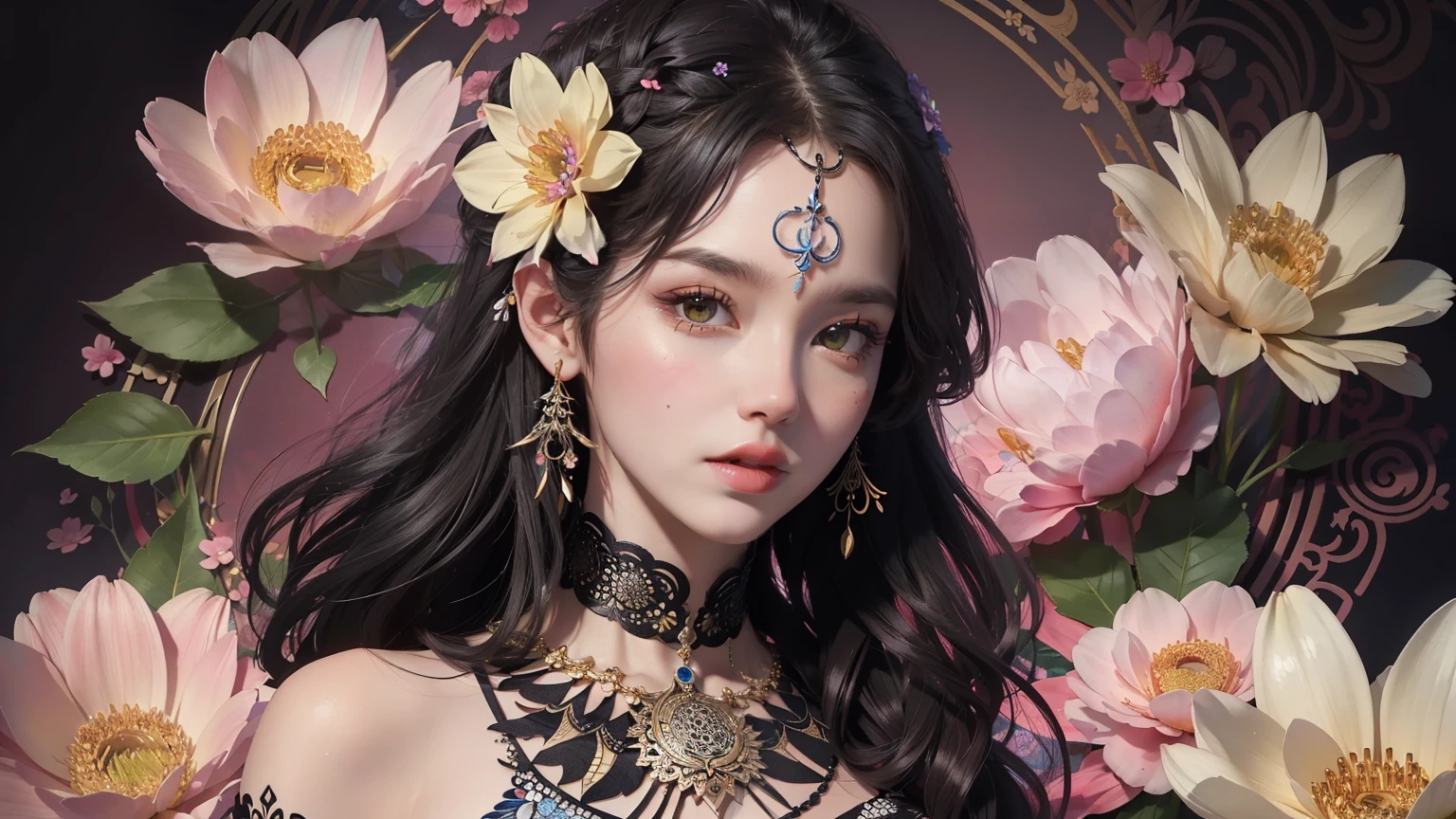1 girl, alone, (((Very detailed face))), gag, Waist up, (zentangle, Mandala, tangle, entangle), (blooming flowers:1.2), official art, unity wallpaper 8k, very detailed, about beauty, Masterpiece, best quality, realistic