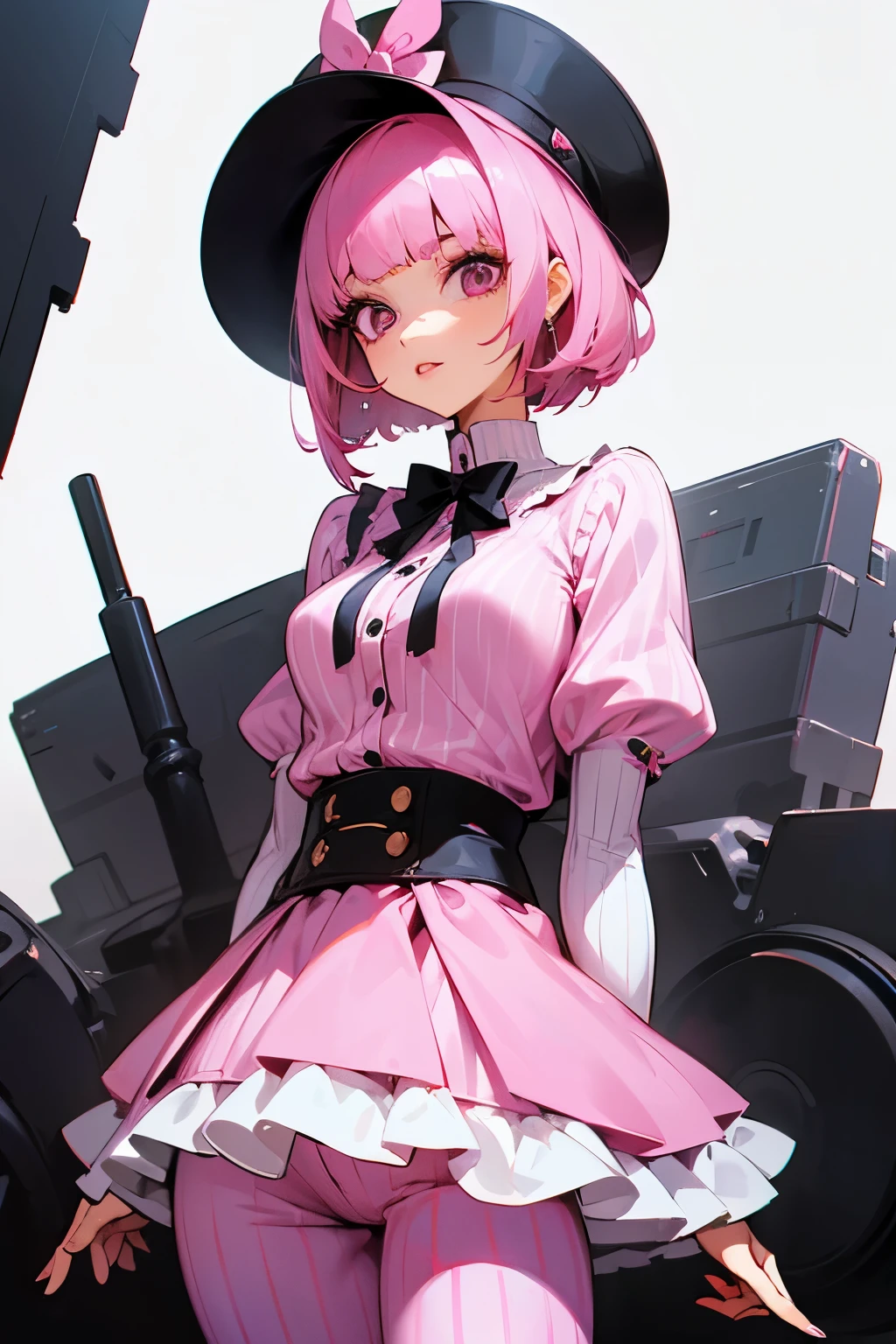 Hot Pants, 1girl, solo, hat, pink hair, pink dress, black frills, short hair, blunt bangs, striped sleeves, striped pants, cowboy shot, pink lipstick, full lips, medium breasts, pink eyes