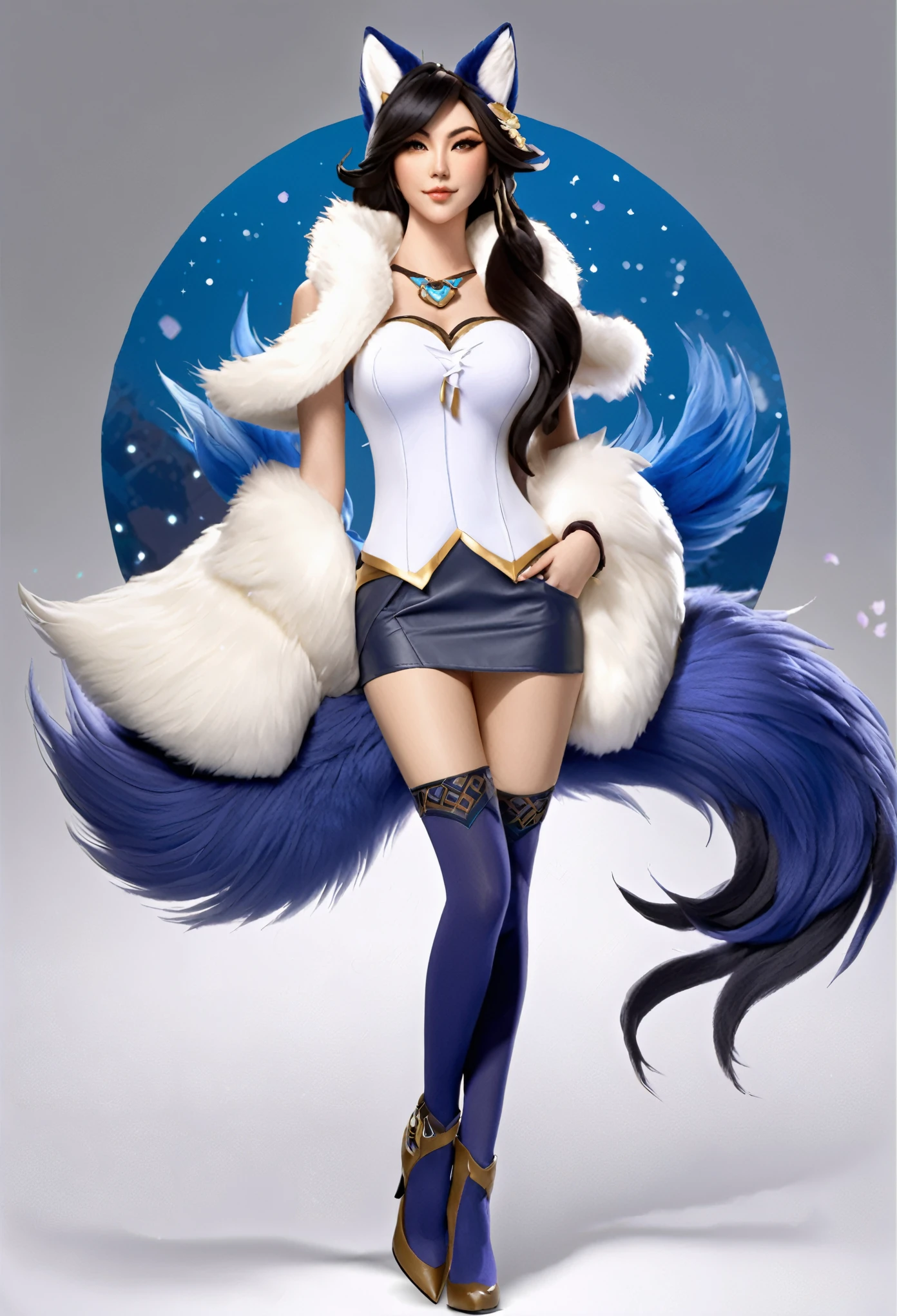 realistic，League of Legends character Ahri. The artist's brushstrokes bring to life a blend of Chinese elegance and the mystical elements of a nine-tailed fox. Ahri stands gracefully in a resplendent form-fitting top adorned with BLUE AND WHITE intricate patterns, accentuated by wide billowing sleeves that exude elegance. A plush fur collar adds warmth and sophistication, while sleek leggings accentuate her slender figure. The centerpiece of the outfit is a short skirt formed by nine fox tails, symbolizing Ahri's enchanting nature. Ahri strikes a pose against a solid-colored background, her presence commanding attention as her striking beauty and cultural fusion captivate viewers. ((Best quality)), ((Masterpiece)), ((Realistic))，axial symmetry，anatomy correct，