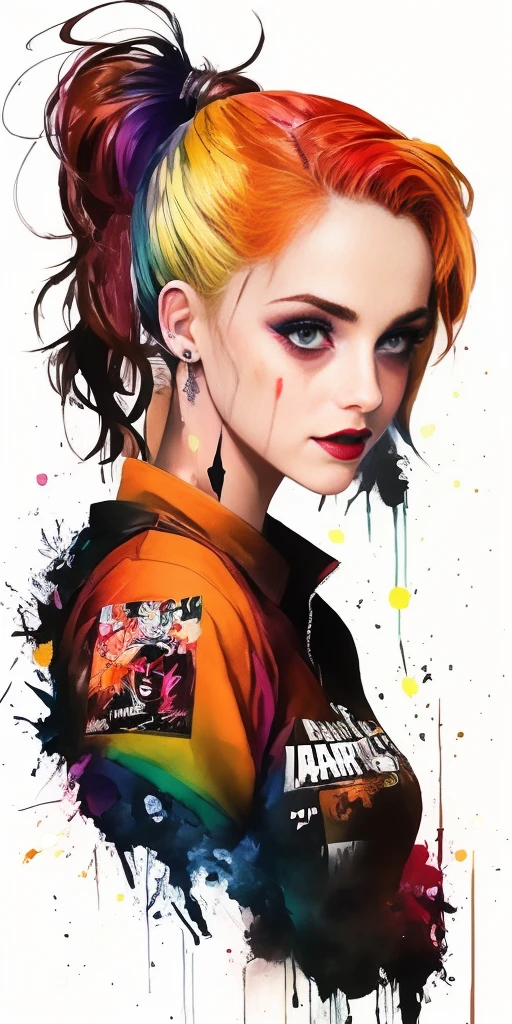 A woman with colorful hair and makeup is wearing a jacket, Retrato de Arlequina, Harley Rainha, de Arlequina, Arlequina, Emma Watson como Arlequina, vibrant fan art, emma watson is harley quinn, Harley Quinn standing, Rossdraw 2. 0, Lois Ross, trending artgerm, rossdraw desenho animado vibrante, arte colorida do filme