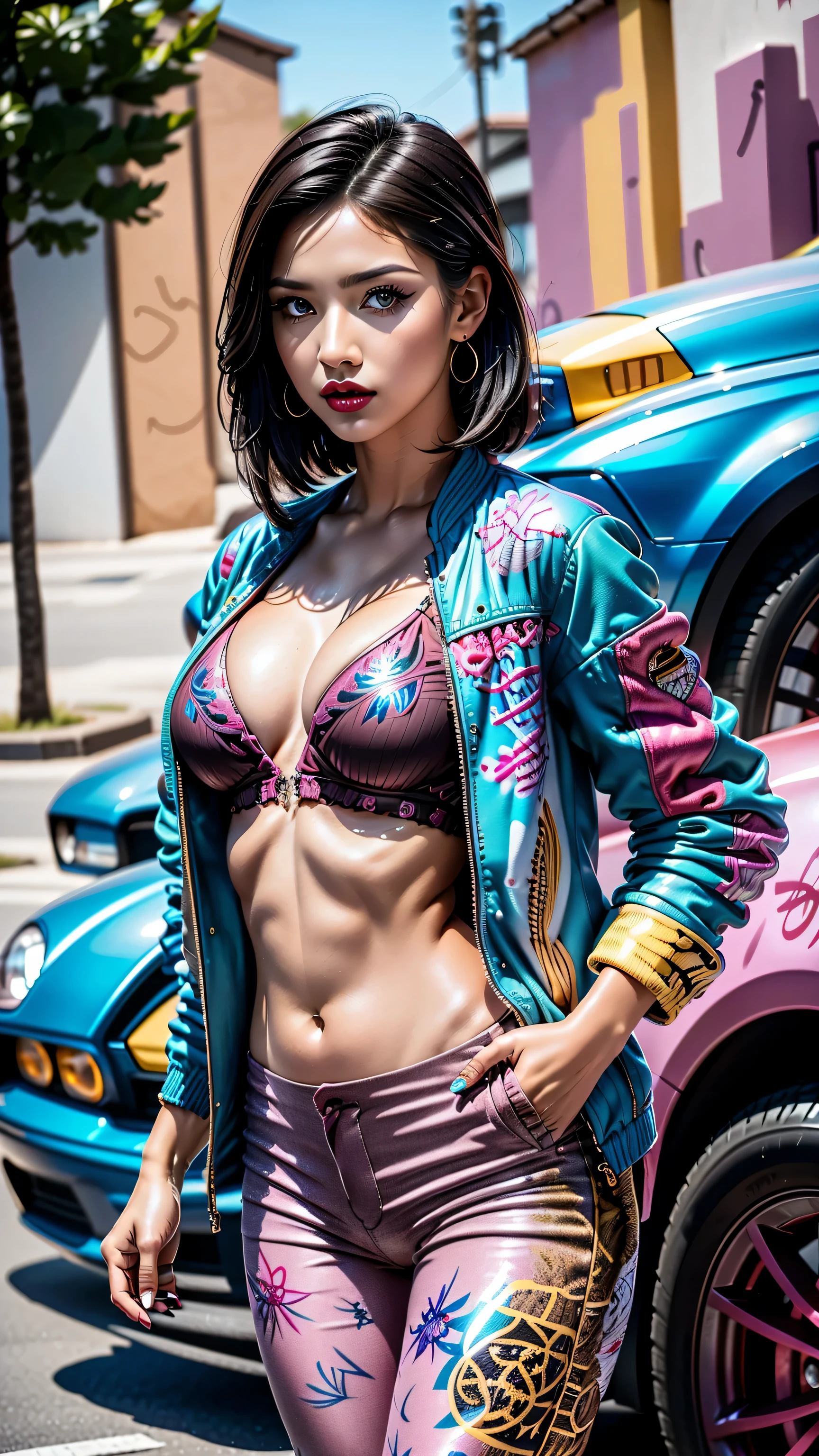 Divide Ratio : 1,1,1 Base Ratio: (Photo),((outside,parking with lot sports cars :1.3)),(Highest resolution),(the most absurd quality),(masterpiece),(sharp focus),(最high quality),(photorealistic),(hyper realistic),beauty (mixed girl)(madison ivy:0.3)(jessica alba:0.5)(Ariana Grande:0.2) in of a (girl 22-year-old),fashion supermodel,(best high quality real texture skin:1.4),ebony skin female,(best quality texture hair:1.4),BREAK,((black hair (slicked to the two side) Intricately detailed:1.35)),(best high quality:1.4),(soft neon lighting on the face and body),(perfect proportions),(anatomically correct),(perfect female body:1.4),(Super beautiful body),(firm big full breasts:1.3),(narrow waist:1.3),small ass,slim face,beautiful cheekbones,slim belly:1.2,((slim,swell-muscled body:1.2)),(Super beautiful face),(realistic face),(Insanely detailed face),(Intricately detailed eyes),(tired and sleepy and satisfied:0.0),a woman's eye with a digital rendering,realistic eyes,perfect round eyes,finely detailed pupils,((brown_eyes:1.3)),BREAK,detailed lips:1.3,red_lipstick:1.28,(Detailed nose:1.2),small head:1.4,BREAK,(Insanely Detailed dark pink_makeup:1.35),(perfect dark eyeshadows:1.35),BREAK,long blue_eyeliner:1.22,((Intricately detailed colorful ((graffiti printed on a short jacket,pants,top)) wear:1.35)),((beautiful Intricately detailed tight short Pants:1.35)),(top:1.3),((wear jewelry)),dynamic pose,exquisite balance of shadows,perfect composition,(shot above the knee:1.3),look at the viewer,(from below:1.3),Hasselblad, 85mm f/2.8 