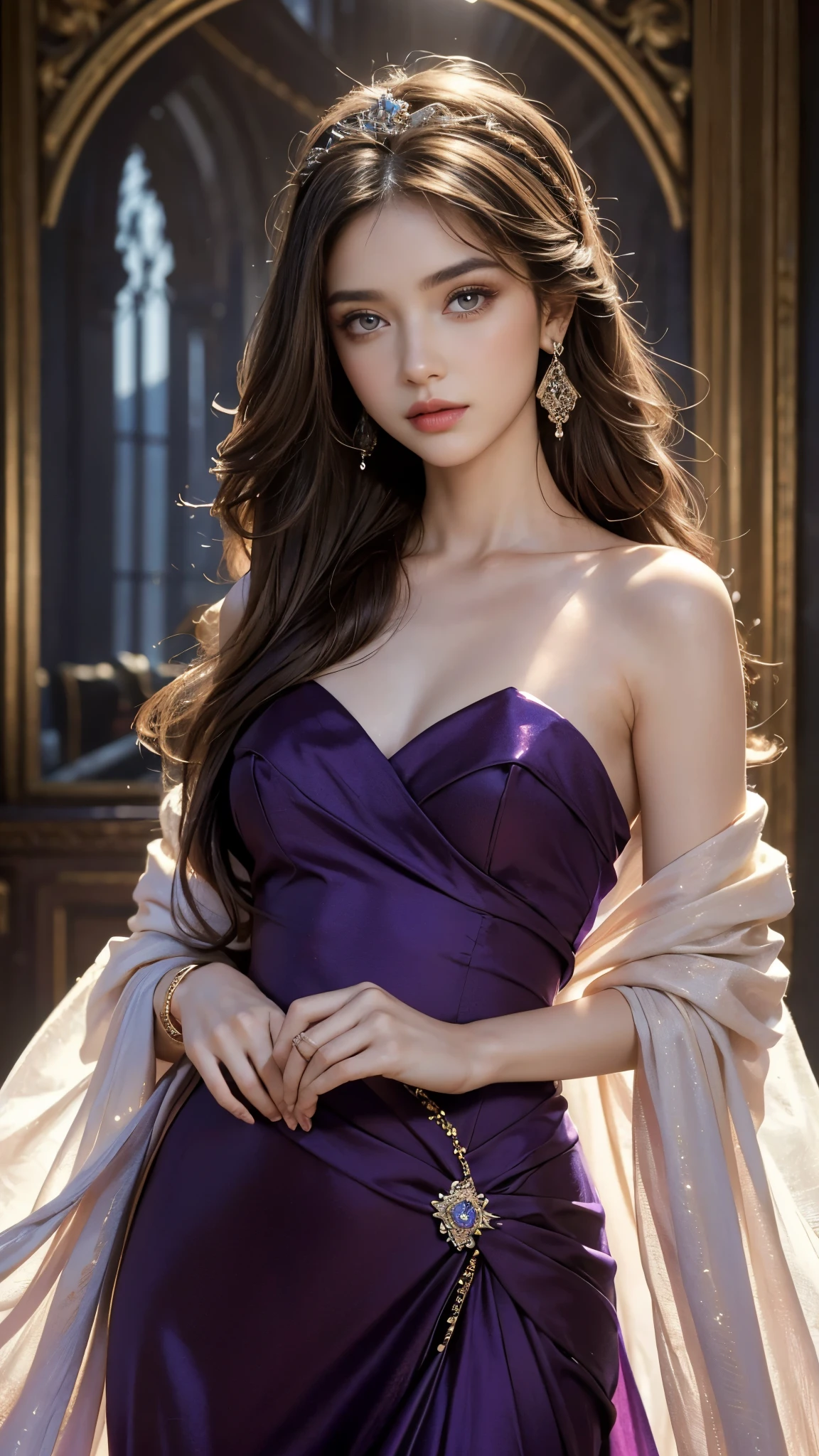 8K, ultra hd, masterpiece, best quality, a beautiful girl, long hair, impressive hairstyle, royal hair jewelry, jewellery earrings, antique jewellery, details eyes, beautiful eyes, meticulous makeup, thin eyebrows, beautiful lips, small breasts, royal dress, purple dress, realistic colors, magic effect, epic scenery, epicness background, perfect body, 