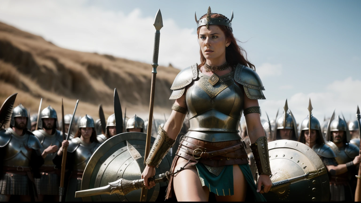 Boudica, with a furious face, in the background out of focus where her brave warriors are shown, ready to enter into combat against the Roman Empire in the year 60 AD. Her barbarian armor is depicted in hyper-realistic detail, in a primo de trabajo (work in progress) piece, with a 4k resolution. This dark fantasy scene exudes an intense, raw energy, conveying the fearless spirit of the ancient queen and her devoted followers. The background is blurred, drawing focus to Boudica's determined expression and the intricately designed armor. The hyper-realistic visuals bring the story to life, transporting the viewer to the heart of the battle.