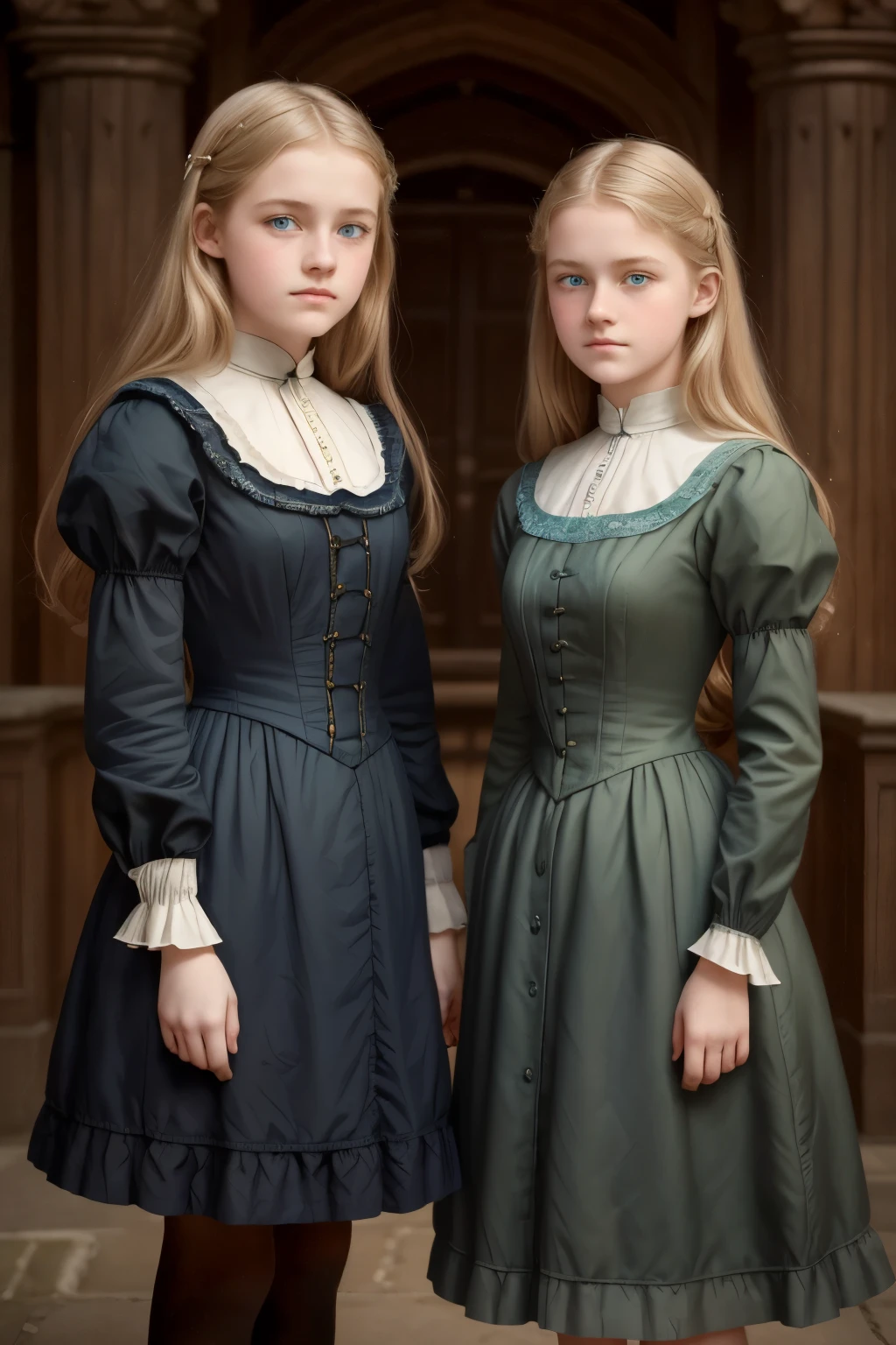 
two girls, (Virginia Otis, 15 years old (blond hair, blue eyes)) pose with (16 years old Georgie Gerald (blond hair, green eyes)). Victorian style. thin, cute face, walks at night in Canterville Castle (inspired by the novel The Canterville Ghost). aged 1887, Victorian dark fantasy