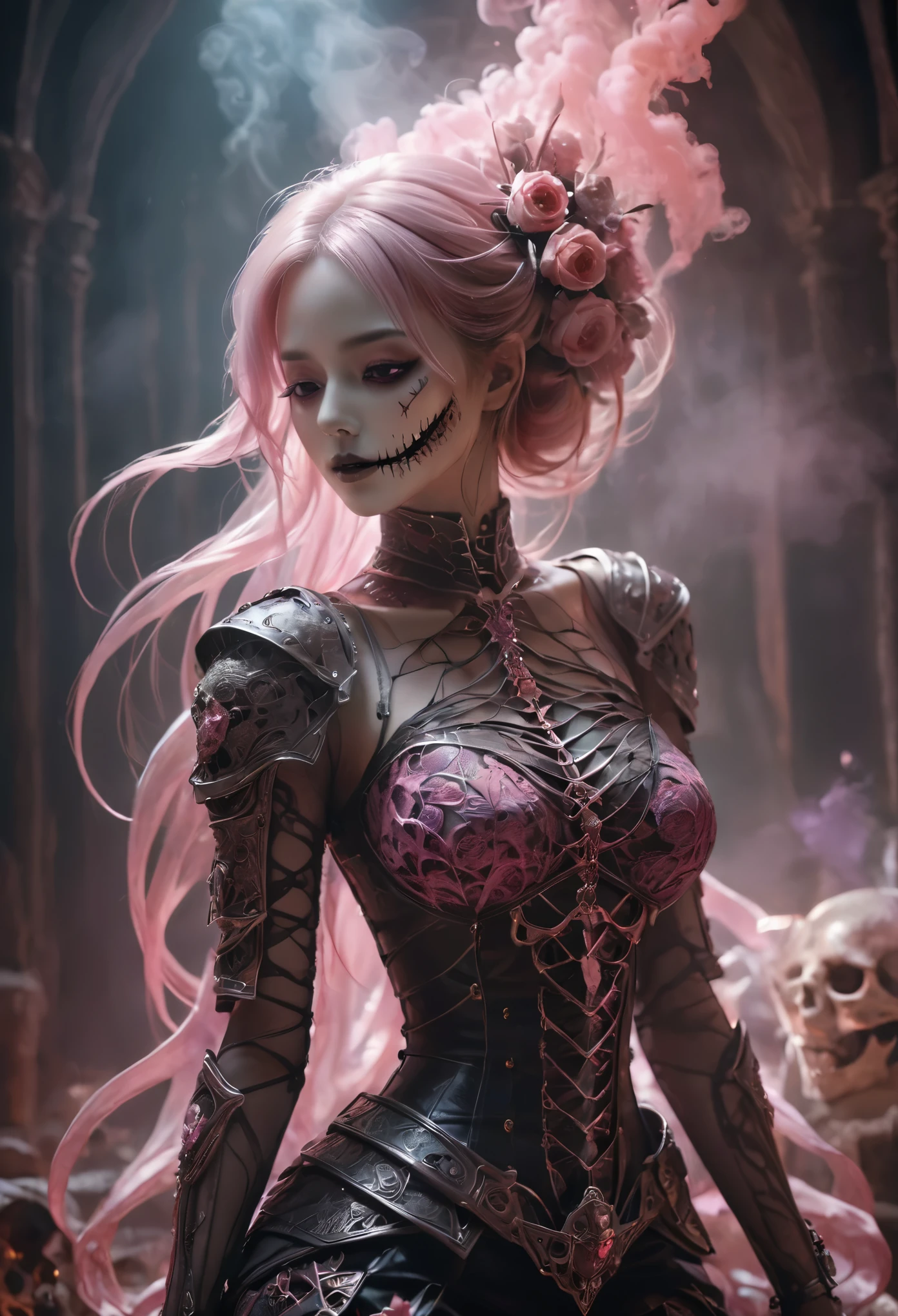 anatomically correct,((Best quality)), ((Masterpiece)), ((Realistic)),UHD,axial symmetry, Woman wearing leggings and medieval lace decorated armor, sit down,Huge skull and human skeleton,Cave filled with pink smoke. smile, There was a hint of malice in his eyes. In a mesmerizing and nightmarish environment, Surrounded by nets,Full of bloody atmosphere. Skeletons and skulls are scattered throughout the scene, The blood vessels and floating brains add to the terrifying atmosphere. This high-quality image captures the dark and terrifying essence of, Ideal for projects that require an eerie and haunting aesthetic.dramatic lighting, high contrast, sultry expression, Detailed texture,
