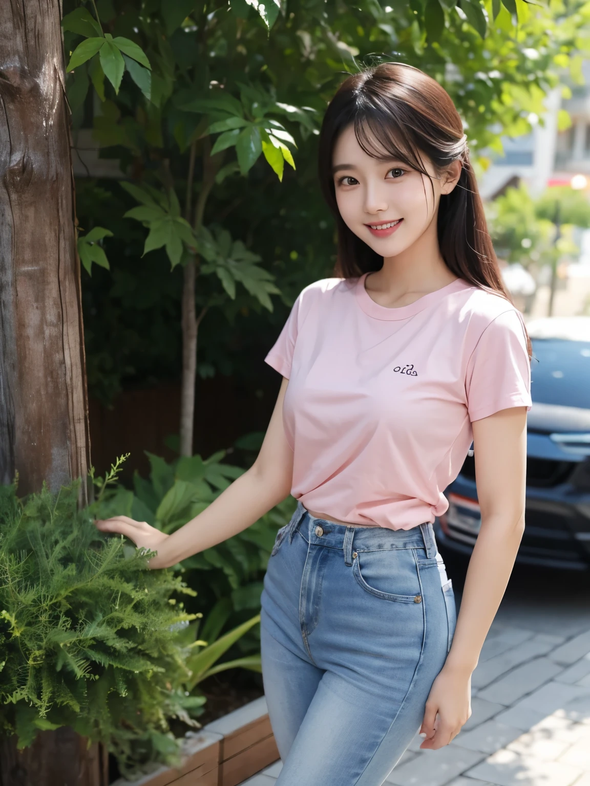 Beautiful Korean woman, smiling with teeth, proportional breasts, wearing a soft pink t-shirt and short jeans. Behind there is a half-grown tree.