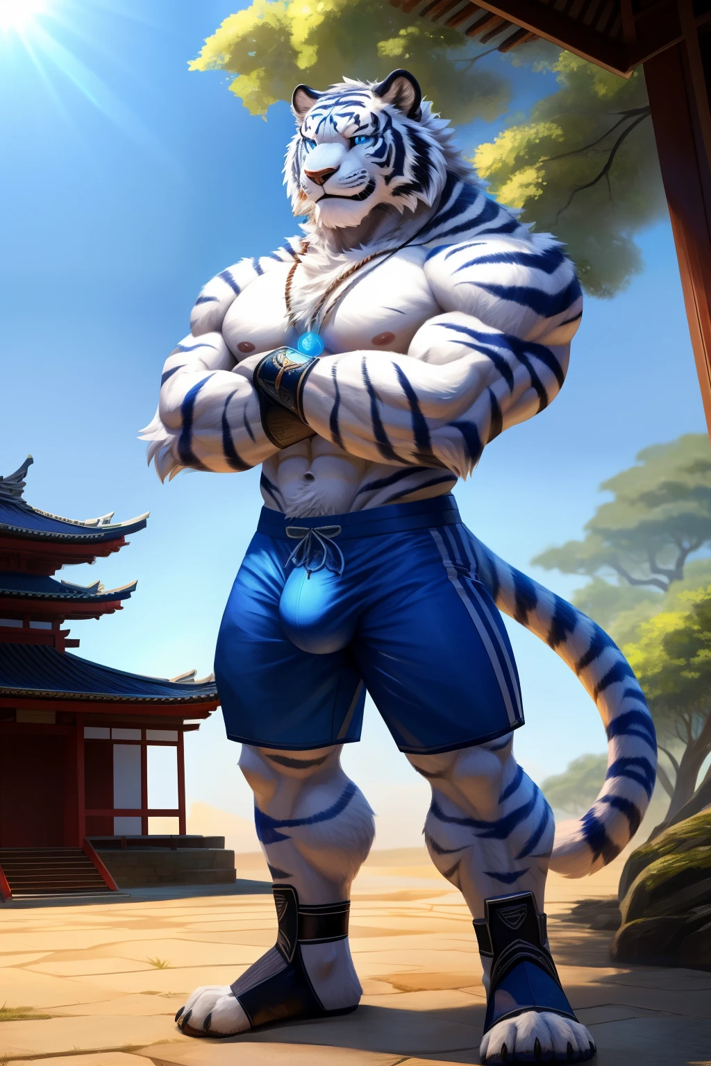 solo,anthro,furry,furry male, White Tiger, ((fluffy fur,fluffy,furry body)),Full Body, Very Muscular, Bara, Big, Buff, Very Big, Very Tall, Giant Sized, Macro,Short Messy Hair, Blue eyes,((bright blue eyes)) Blue Stripes, String Necklace, Blue Pendant, Cosmic Energy Aura, Wrist guards, Arms Crossed, Ankle Guards, Smirking Expression, Looking at viewer, Standing pose, Wearing Shorts, Outdoors, Japanese Temple, Oriental Trees, Detailed clothes, Tight Shorts, shorts bulge, Detailed face, (masterpiece, high quality,hi-res,8k had), High Resolution, High Detail, Realistic,