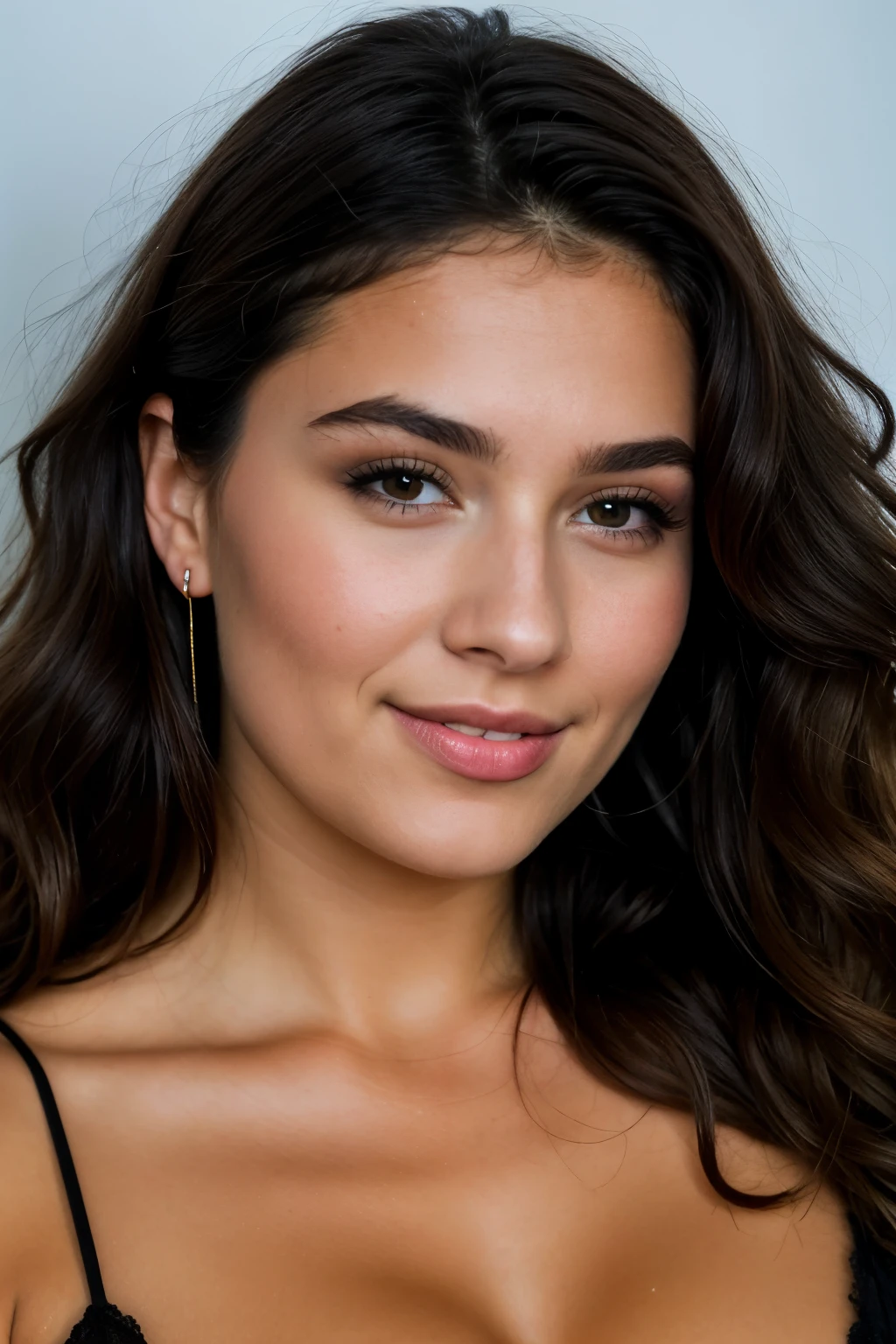 Photo brute, visage portrait photo d'une belle 26 ans.oh woman, Visage mignon, porter une robe noire, happy face, ombres dures, cinematic plan, Dramatic Lighting Beautiful Face, traits délicats du visage, curly hair, tanned complexion, Super realistic, Gros yeux marrons, Beautiful lips, nez parfait, well lighted, Norvegienne