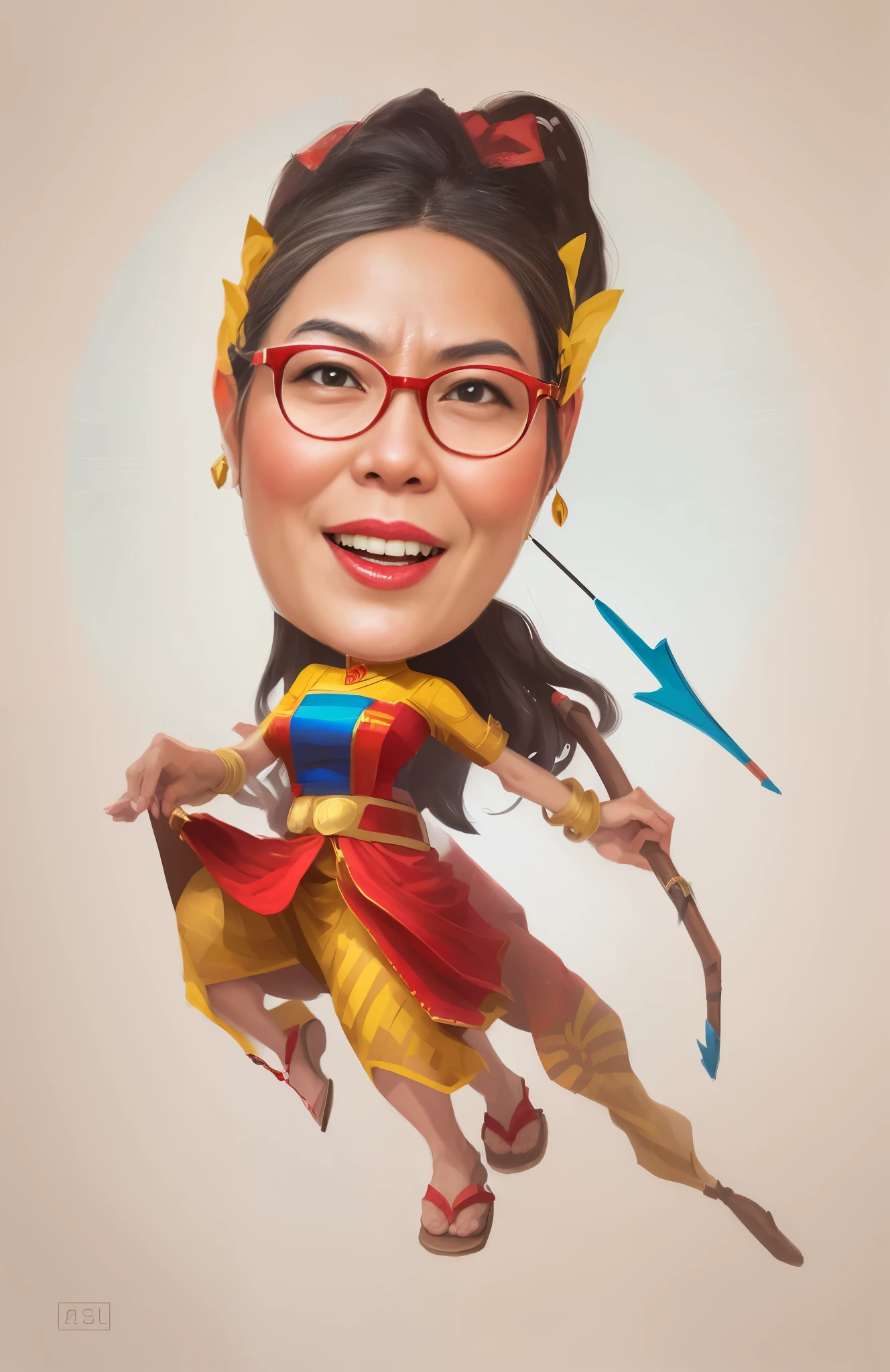 portrait of a woman, wearing srikandi costume, flying with a bow and arrow, a character from Javanese wayang, unleashing her powers, superhero, caricature illustration, in cartoon style, caricature style, portrait, realistic cartoon, cartoon art, an Indonesian portrait, caricature, digital art cartoon, portrait, cartoon art style