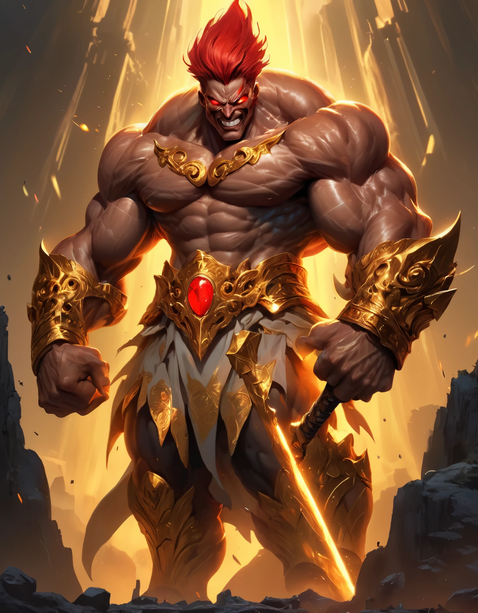 "A neon-lit fantasy world comes to life on your t-shirt, as an undead man plays his 3ds with surreal precision. The cosmic colors and detailed rendering will transport you to another dimension."Yujiro Hanma,serene smile,detailed red hair,muscular body,tough expression,intimidating presence,powerful stance,showcasing his immense strength" (best quality,highres,ultra-detailed,realistic),shiny,golden armor,impressive,strong,fierce expression,sharp eyes,defined muscles,big,bold,short hair,big mustache,powerful,tall,majestic,historical,heroic,mythological,dominant figure,regal presence,confident stance,holding a massive golden ax,gleaming,ornate details,glowing with light,striking contrast,rich textures,commanding presence,idealized image,perfect physique,enhanced proportions,imposing stature,emphasis on power and strength,ancient warrior,legendary hero,proud and noble,unyielding,unstoppable force of nature,epic battle scene,surrounded by golden light,divine aura,overlooking a dramatic landscape,golden rays of sunlight,subtle shadows,hero conquering the world,inspiring awe and admiration,classic masterpiece in the making.