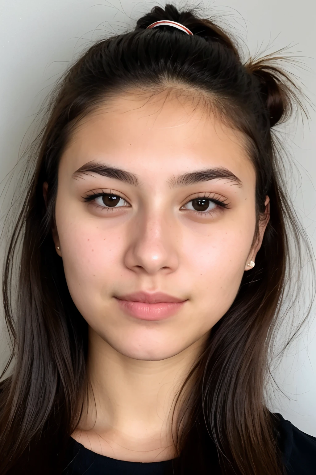 passport portrait of a 21-year-old woman, looking straight to the camera.front shot. with her hair styled in a ponytail. No bangs, mouth closed. head portrait. no side shot.She has white skin, dark brown eyes, and a very Italian-looking appearance. The aim is to capture her face profile in a neutral and standard manner, similar to passport photos