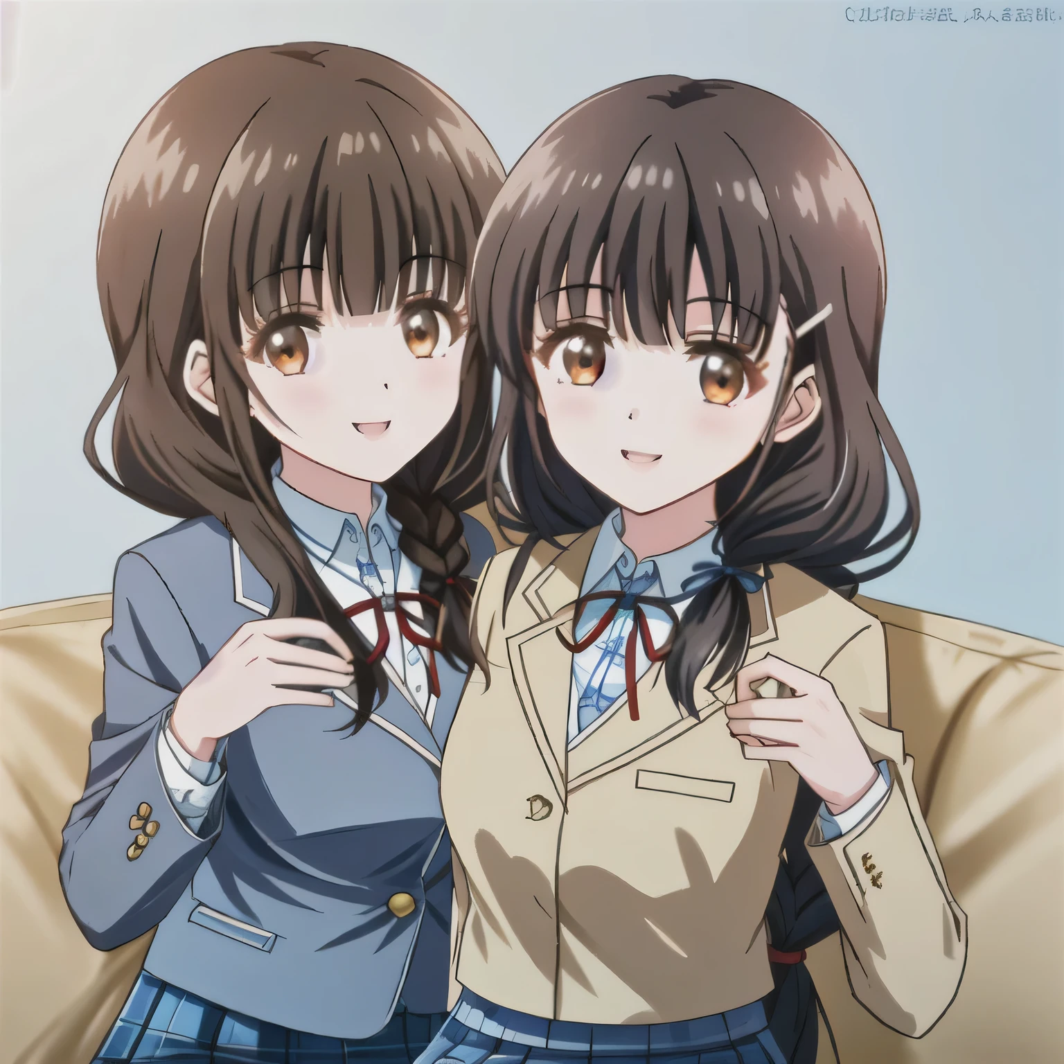 highest quality, (masterpiece:1.2), very detailed, One girl looks at the viewer and smiles, Glossy lips that make you want to kiss, nice smile, brown eyes, (((dark brown hair))), 15 years old, long braids, big shiny hair clip, school uniform, ((Navy blazer with golden emblem on the left chest)), ((big red ribbon on the chest)), very shiny hair、laughter、bright look、Both face and hair catch the light and shine, The corners of the eyes are drooping, Cute braids, The expression of a maiden in love, (((twin braid hairstyle))), ((((Blue and navy tartan check mid-length skirt)))), A gentle and cute expression staring at the viewer, double eyelid, ((long eyelashes)), pure white background