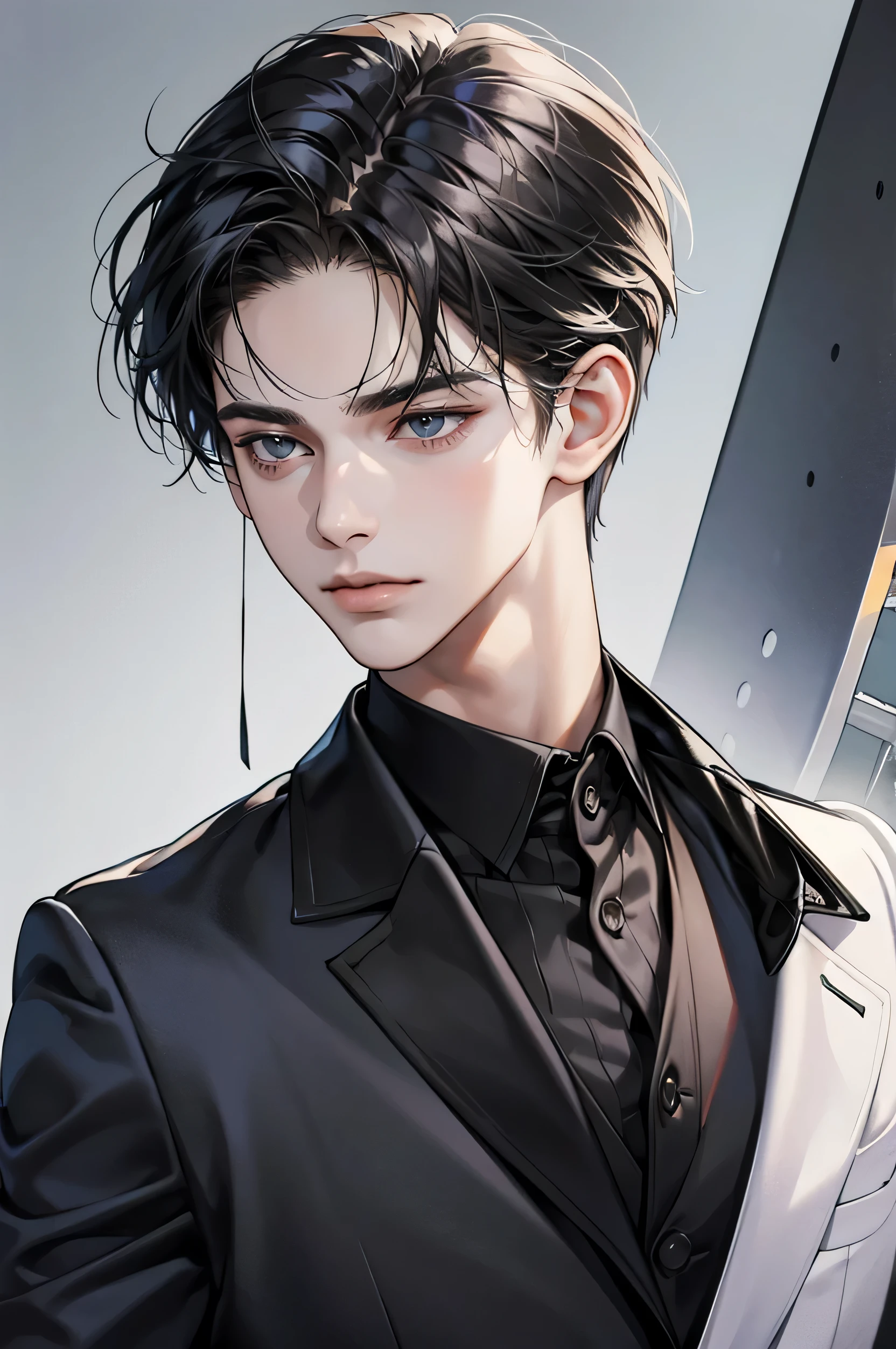 portrait of european boy,solo,20yo,beautiful face, sharp focus,black business suit