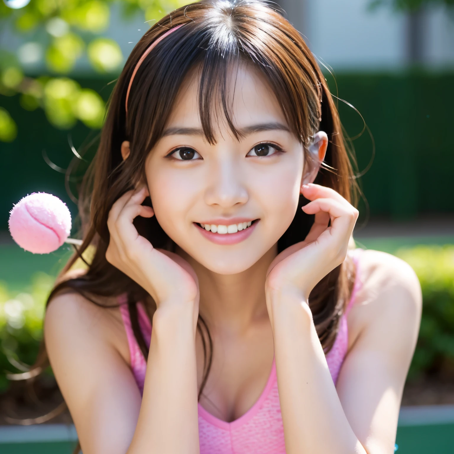 Best-quality, Masterpiece, Ultra-High-Resolution, (Photorealistic:1.4), Raw-Photo, 1girl, the most famous Japanese idol, wearing pink tennis-wear, extremely cute face, extremely beautiful big-black-eyes, extremely beautiful hair, extremely beautiful skins, extremely beautiful long-eyelashes, extremely beautiful lips, detailed pink-tennis-wear, twinkle-smile