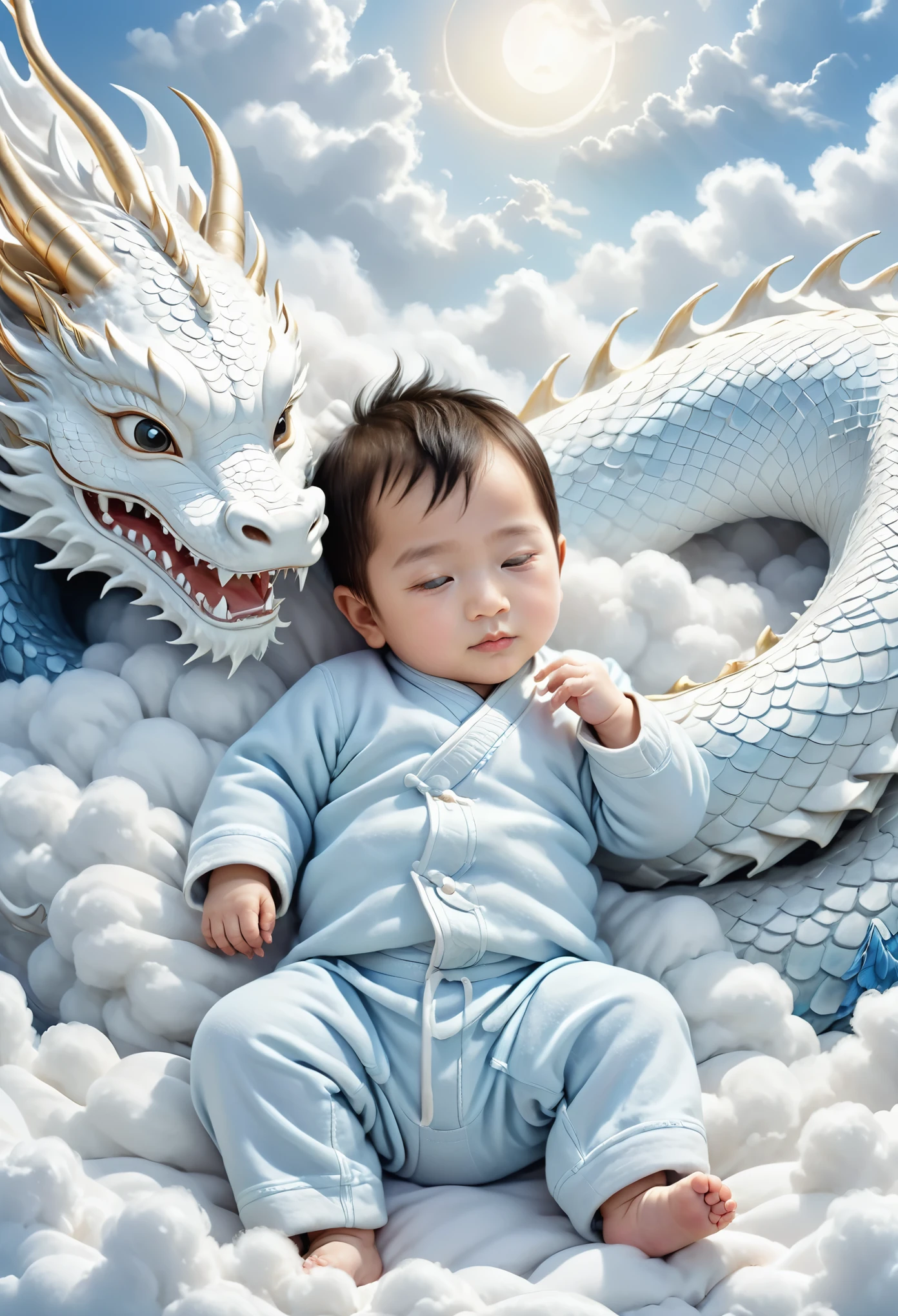 A -yead Chie baby boy,c round face,Sleeping on the white dragon bed, Zhu Lian&#39;s realistic paintings, Shutterstock Contest Winners, fantasy art, a dragon made of clouds, Chinese fantasy, Lying in Baiyun Wonderland，lens, style, Intricate and refined details, high quality，china boy,8K resolution, Fantasy illustrations, Close up, golden age illustrations