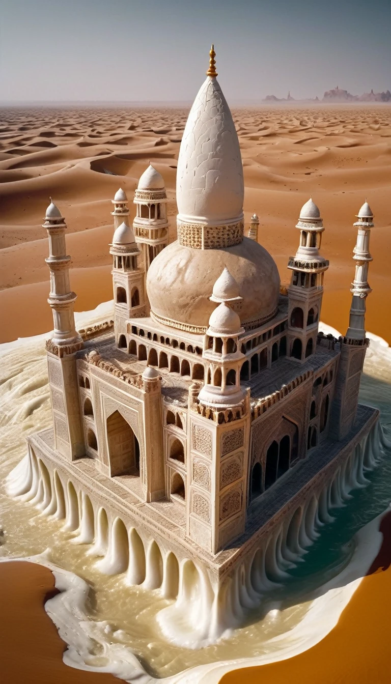 (8k masterpiece, RAW photo, best quality:1.2) taj mahal ark constructed of  white chocolate, sitting on top of a huge water geyser in the middle of the sahara desert, arid barren desert, melting animals dripping down, absurdres, greg rutkowski style, chocolate bicolor,