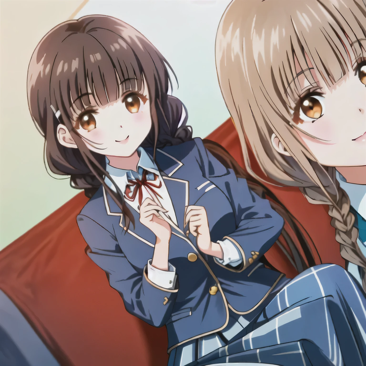 highest quality, (masterpiece:1.2), very detailed, One girl looks at the viewer and smiles, Glossy lips that make you want to kiss, nice smile, brown eyes, (((dark brown hair))), , long braids, big shiny hair clip, school uniform, ((Bright navy blazer with golden emblem on the left chest)), ((big red ribbon on the chest)), very shiny hair、laughter、bright look、Both face and hair catch the light and shine, The corners of the eyes are drooping, Cute braids, The expression of a maiden in love, (((twin braid hairstyle))), ((((Blue and navy tartan check mid-length skirt)))), A gentle and cute expression staring at the viewer, double eyelid, ((long eyelashes)), pure white background, round face