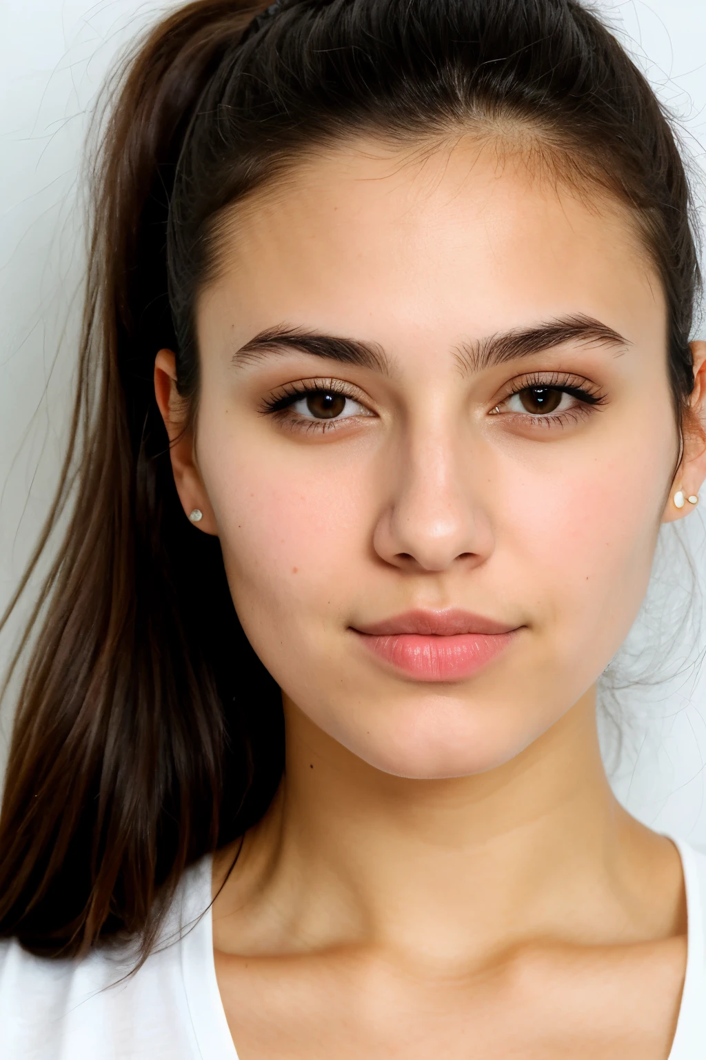 passport portrait of a 21-year-old beautiful italian woman, looking straight to the camera.front shot. with her hair styled in a ponytail. No bangs, mouth closed. head portrait. no side shot.She has white skin, dark brown eyes, and a very Italian-looking appearance. The aim is to capture her face profile in a neutral and standard manner, similar to passport photos.portrait tete only