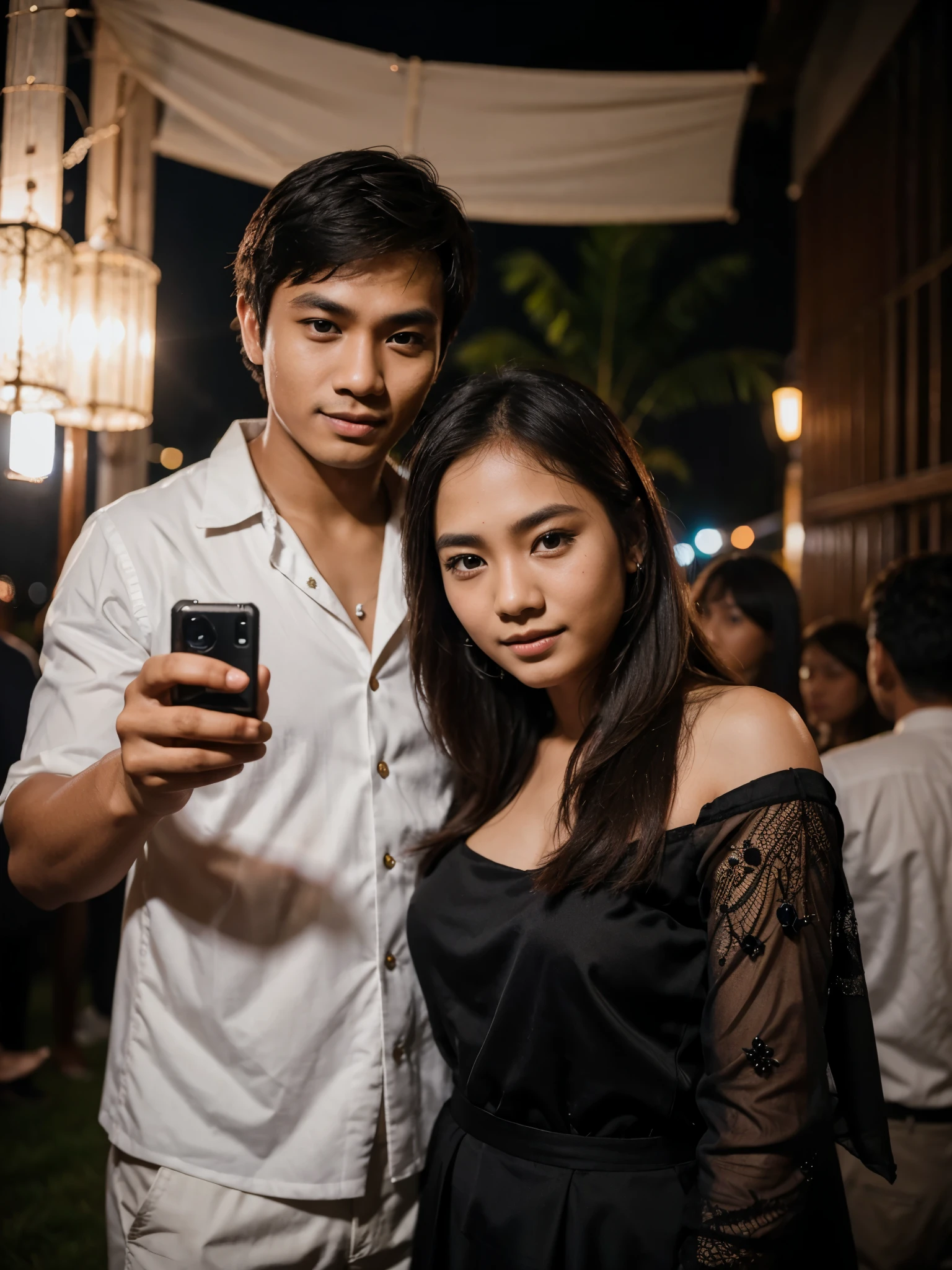 photo of a young couple from Indonesia in formal clothes taking a photo together at a party at night. photography, super detailed, realistic, ultra HD, 8K Resolution, facial details.