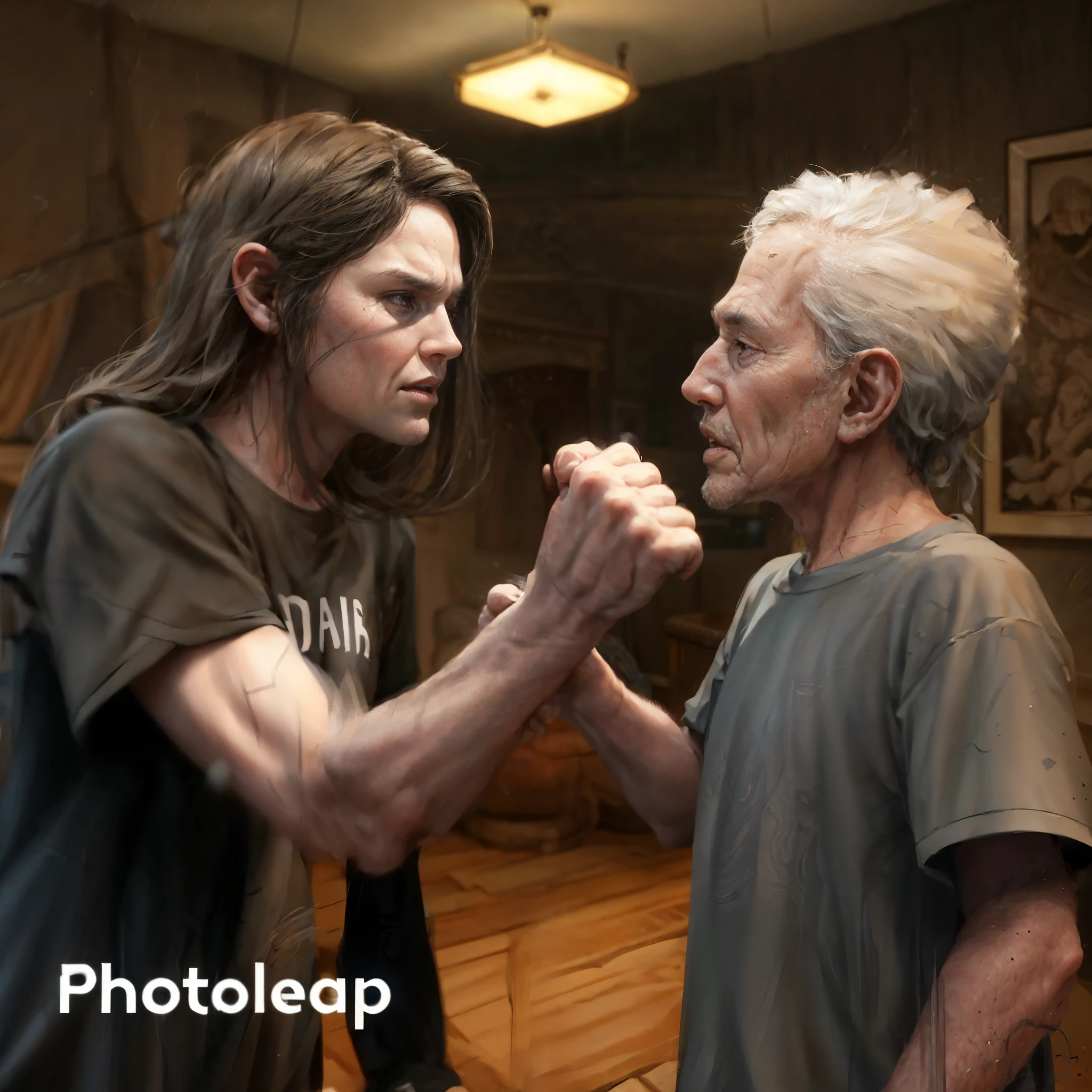 arafed image of a man and an older man in a living room, photorealistic horror, photorealistic screenshot, photorealistic shot, 3d render senior artist, photorealistic movie still, dramatic photorealistic, photorealistic content, photorealistic image, photorealistic hd, photorealistic graphics, posing for a fight intricate, high quality photorealism, very realistic photograph