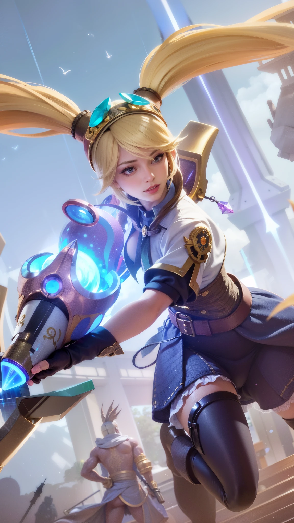 (female:1.2), 8k, ultra hd, ultra detailed texture, hyper realistic, masterpiece, detailed texture, detailed face, detailed skin, detailed lighting, (photorealistic:1.5), best quality, beautiful lighting, cinematic lighting, professional lighting, ultra highres, realistic, detailed hair, real hair, high quality, (realskin:1.5), extremely detailed, finely detail, ultra-detailed, 1girl, close-up shot of a woman with a gun in her hand, smile, cute face, red lips glossy, finely detailed eyes and face, toned body, masculine appeal, commanding presence, hot stud, bulging biceps and triceps, well-developed quadriceps and hamstrings, light skin, burgundy straight layered bangs hair, aquamarine eyes,  ornate details,  portrait, solo, half shot, looking down, detailed background, detailed face, (cogpunkai, cogpunk theme:1.1),  tech-mage,   [magic|technology], melding of spellcraft and advanced technology,  intricate [spellcasting clotheechanical gear], gear shaped glyphs,  ancient crystals,  [gears|ancient spell],  floating particles,  [innovative|enchanting] aura, high tech vehicle in background, finely detailed background, Depth of Field, VFX