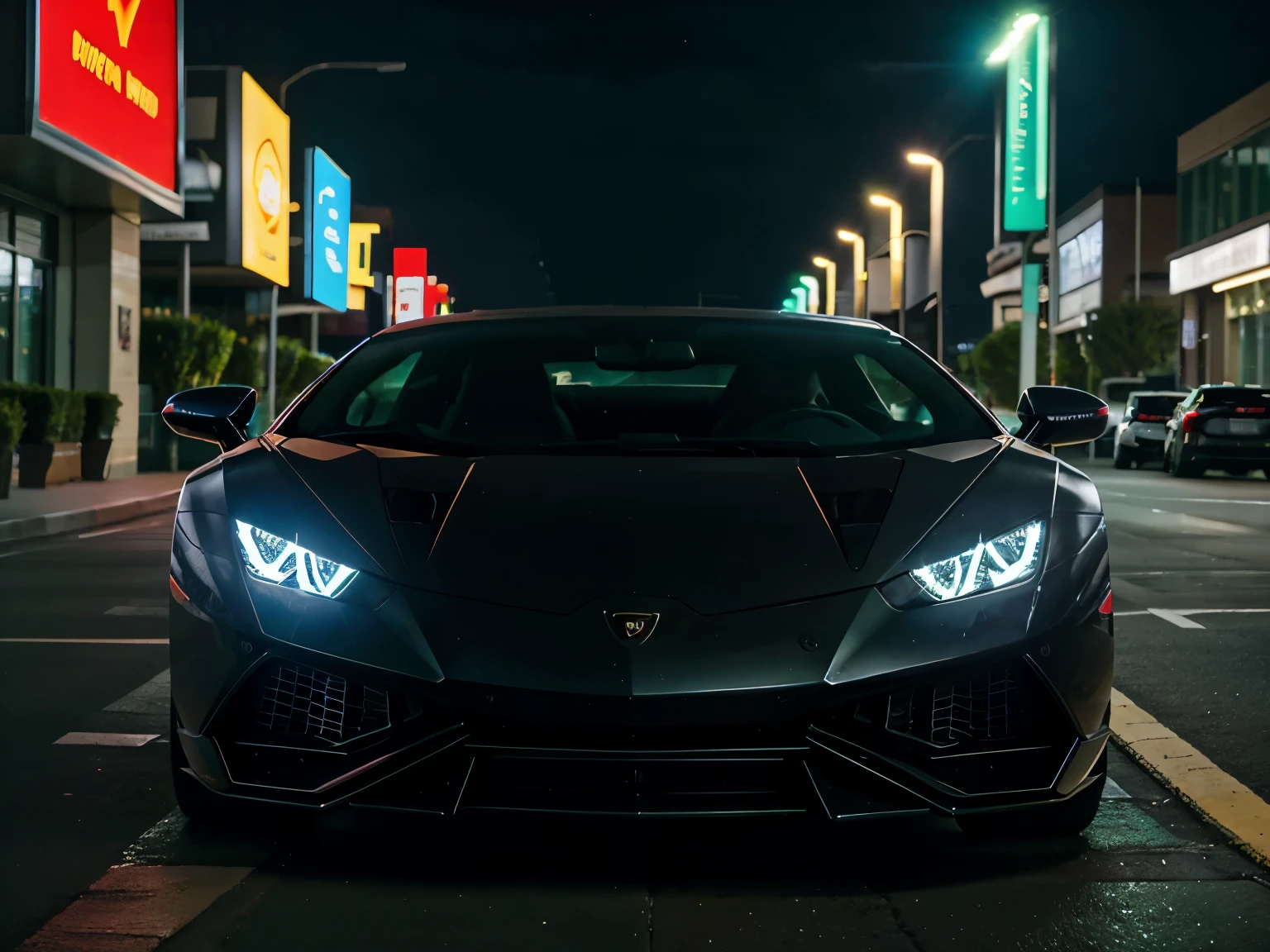 A Lamborghini Huracan sits poised against a backdrop of a vibrant urban night. Neon lights dance across the sleek curves of the car, accentuating its dynamic lines. The soft glow of the streetlamps plays off the glossy finish, casting dramatic shadows and highlights. The car exudes power and prestige, its presence commanding attention in the midst of the bustling city. The exhilarating fusion of modern design and high-performance engineering is palpable, igniting a sense of anticipation and adrenaline in the air.