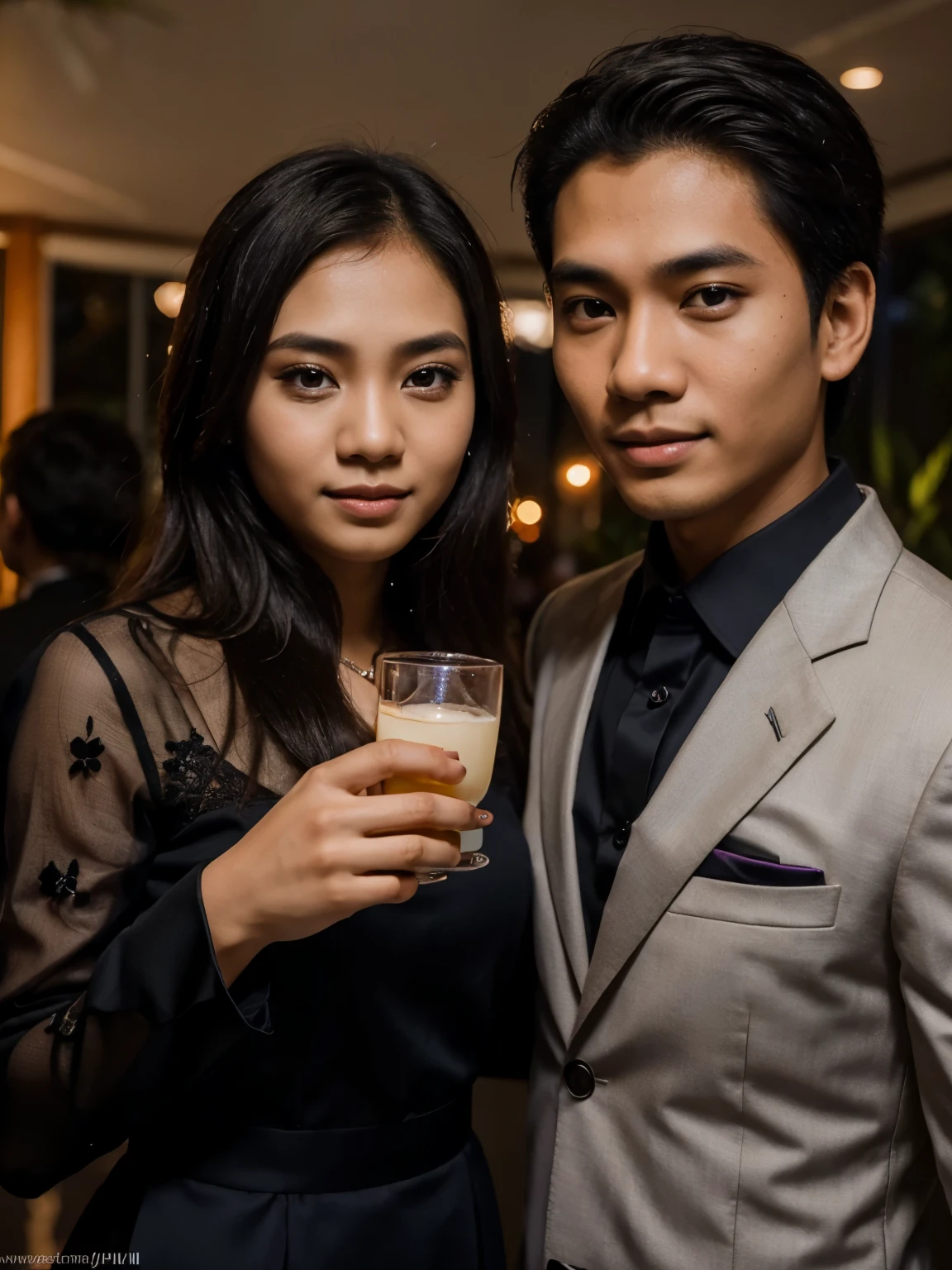 photo of a young couple from Indonesia in formal clothes taking a photo together at a party at night. photography, super detailed, realistic, ultra HD, 8K Resolution, facial details.