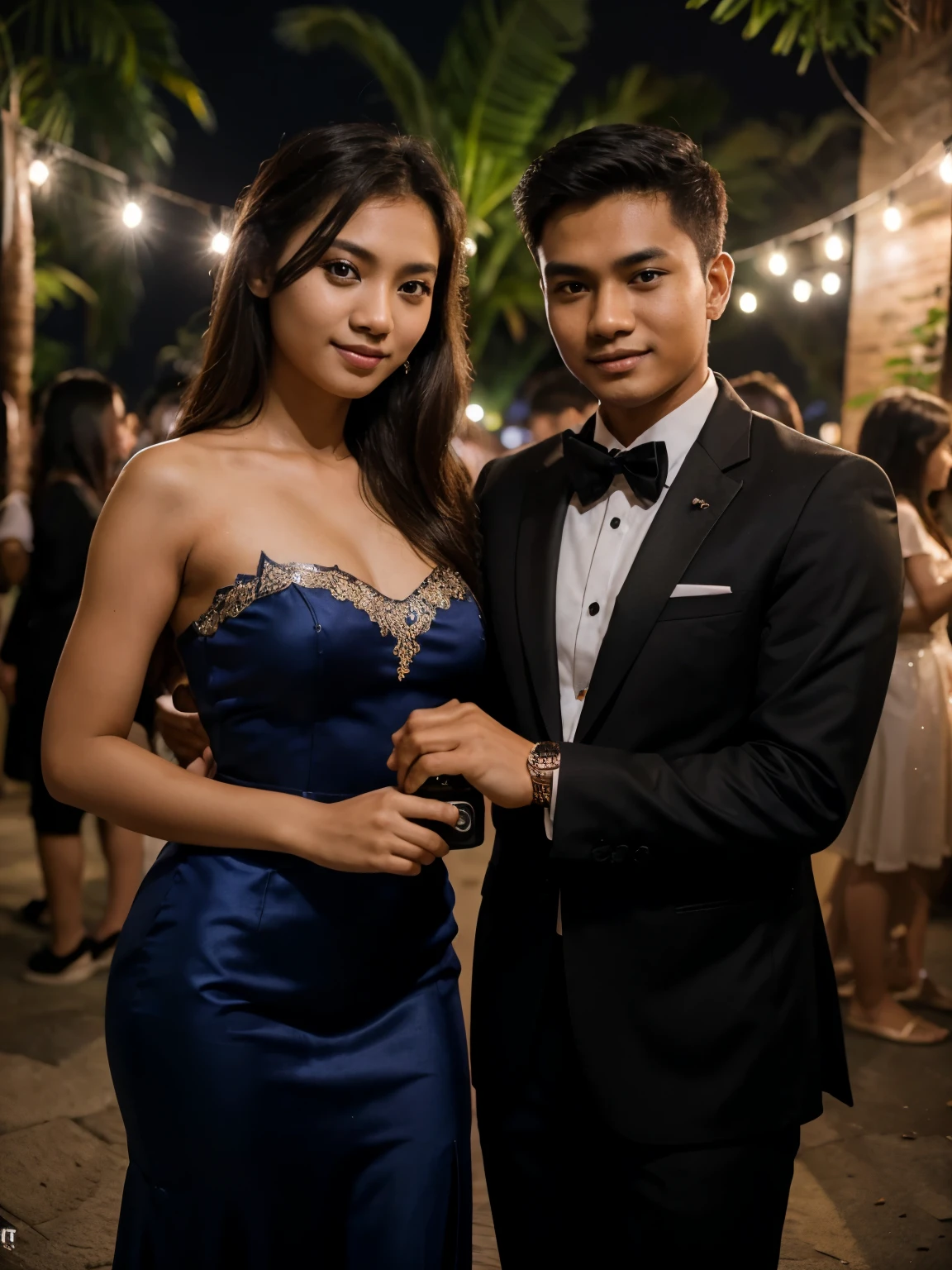 photo of a young couple from Indonesia in formal clothes taking a photo together at a party at night. photography, super detailed, realistic, ultra HD, 8K Resolution, facial details.