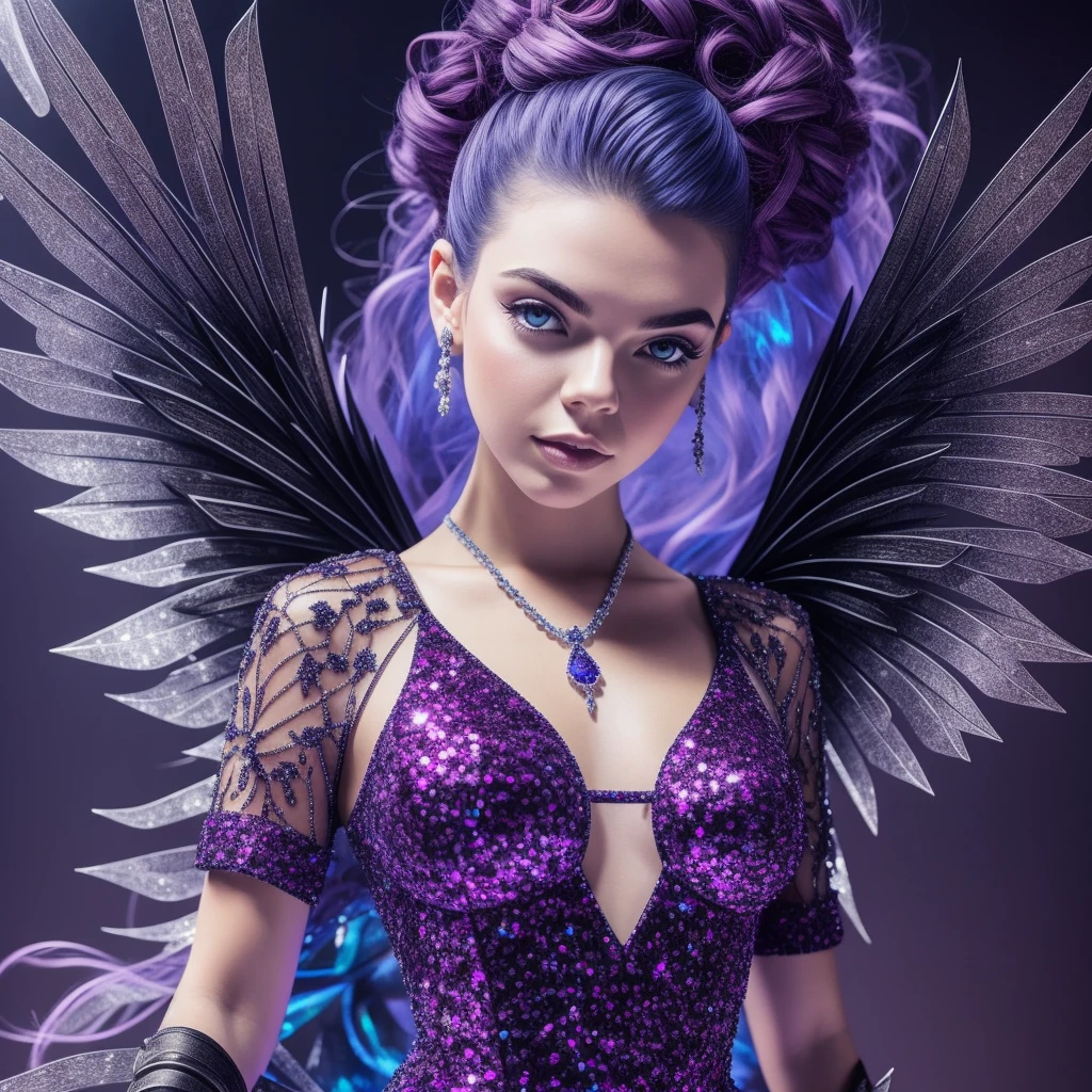 Ultra Pro Real Photo of Anya Taylor with Black Spinel Wings On Dress with Indigo Tourmaline Diamond Kunzite Sparks, texture 16K, Lava Gothic dress extravagant ruby and strange puffy short hairstyle, image 16k, haute couture, flashs rainbow glow blow spike, High image quality, robe extravagante soie satin feutre et lumineuse, realistic face and body suave seductive revealing under-Clothing Poses Drama DSLR UHD HDR 16k "Unreal Engine 5" retina "tenir LightDagger" Crystaline