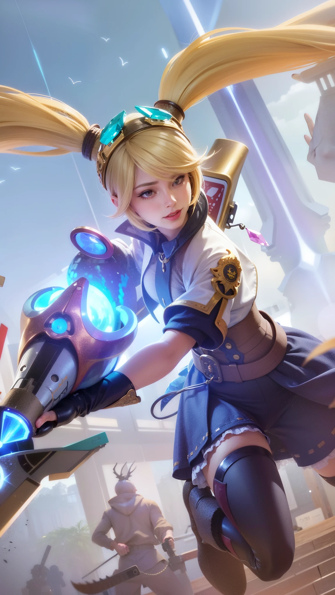 (female:1.2), 8k, ultra hd, ultra detailed texture, hyper realistic, masterpiece, detailed texture, detailed face, detailed skin, detailed lighting, (photorealistic:1.5), best quality, beautiful lighting, cinematic lighting, professional lighting, ultra highres, realistic, detailed hair, real hair, high quality, (realskin:1.5), extremely detailed, finely detail, ultra-detailed, 1girl, close-up shot of a woman with a gun in her hand, smile, cute face, red lips glossy