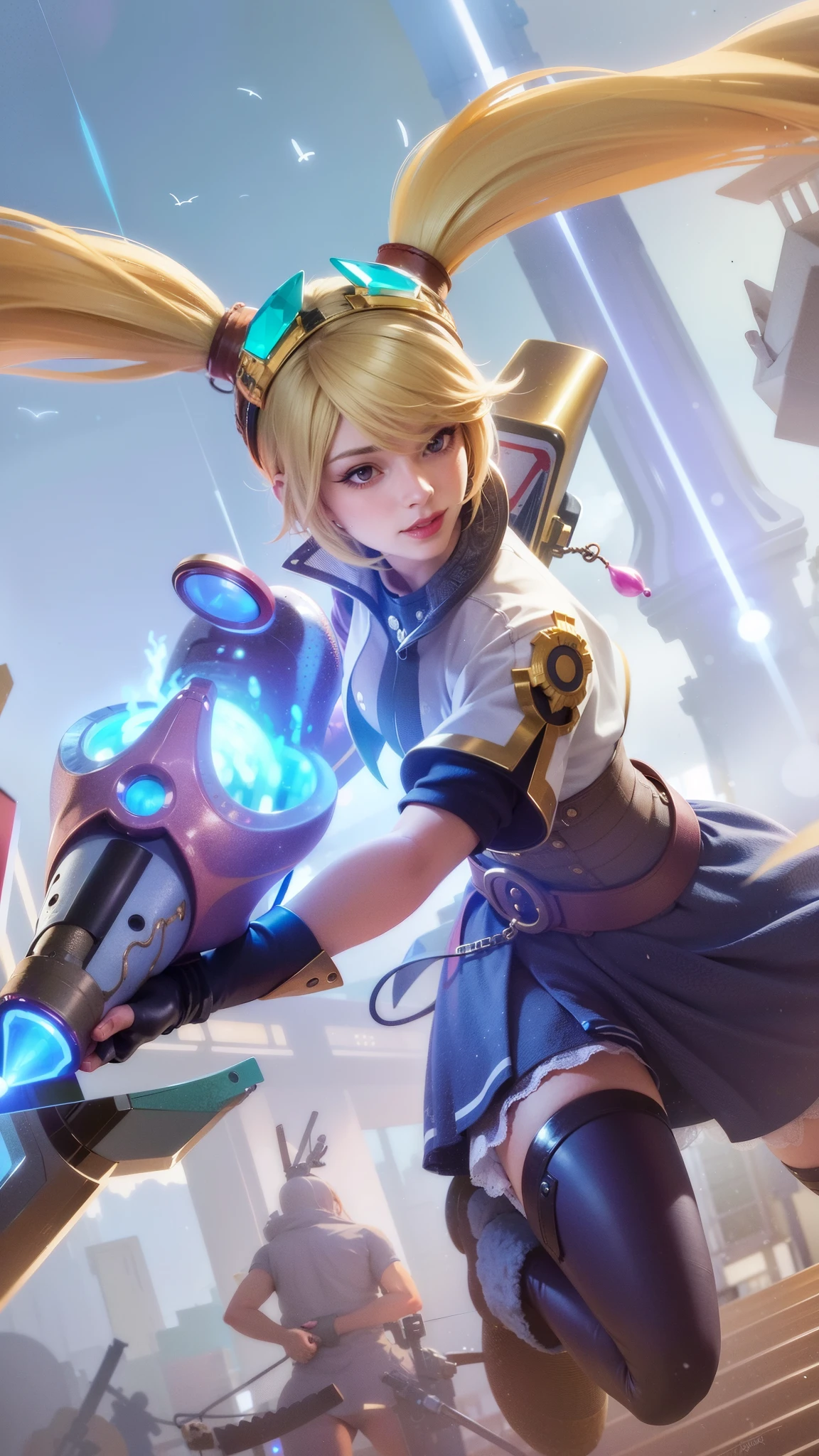 (female:1.2), 8k, ultra hd, ultra detailed texture, hyper realistic, masterpiece, detailed texture, detailed face, detailed skin, detailed lighting, (photorealistic:1.5), best quality, beautiful lighting, cinematic lighting, professional lighting, ultra highres, realistic, detailed hair, real hair, high quality, (realskin:1.5), extremely detailed, finely detail, ultra-detailed, 1girl, close-up shot of a woman with a gun in her hand, smile, cute face, red lips glossy