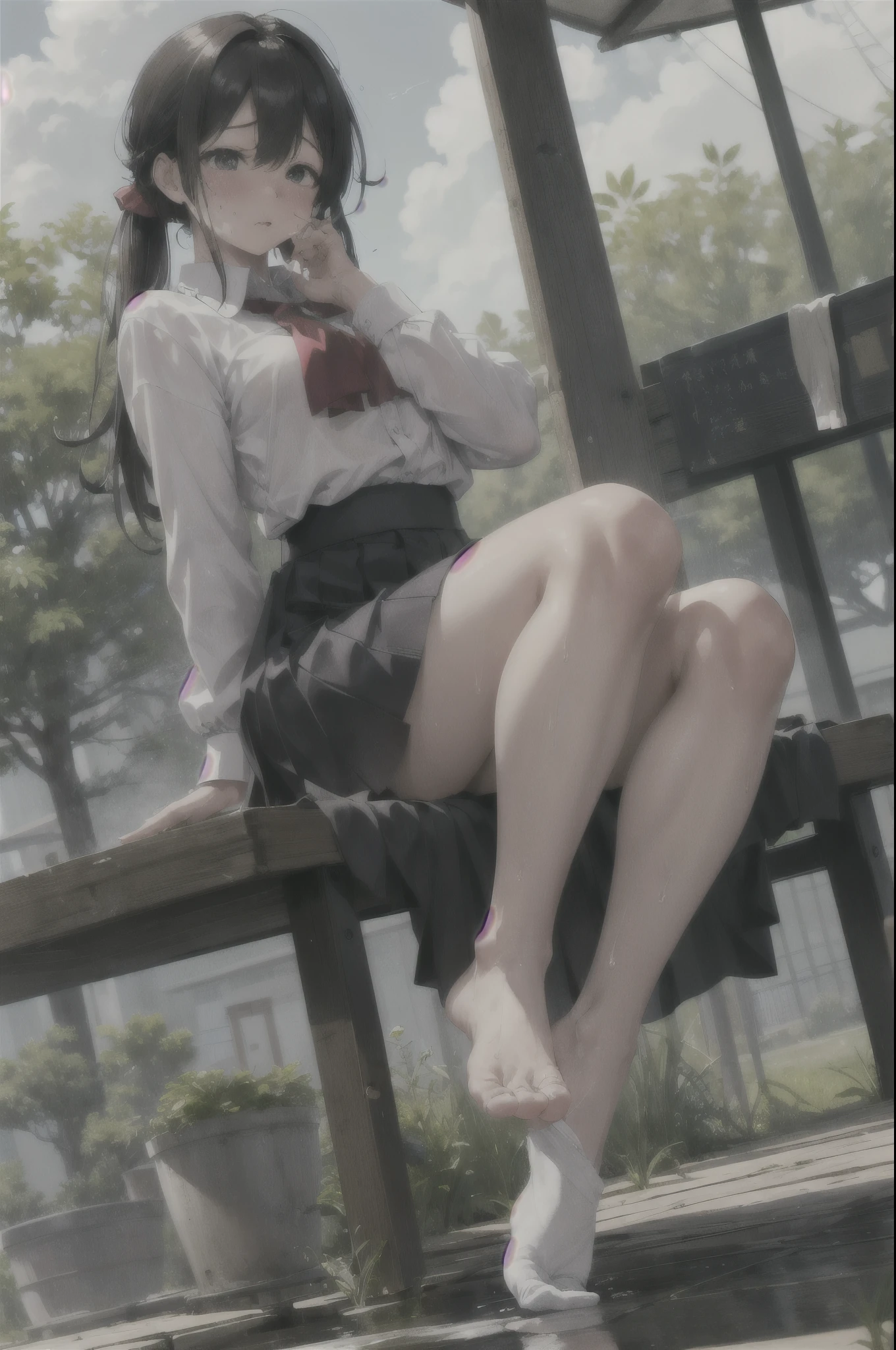 masterpiece, High resolution and no blur。highest quality, High resolution, dense cloth texture、high school girl、(shirt:1.2), button, long sleeve, ,high waist skirt, black pantyhose, bench, outdoors, sitting, loafers,Stuffy and steamy feet、Take off your shoes and show the soles of your feet、sweaty、humid、Steam comes out from my feet、Images of people who like foot fetish、真夏でhumid、sweat profusely、My shoes are wet with sweat and I take them off on one foot.、Sweat drips from my toes、stuffy and smelly feet、Steam rises from the soles of my feet、Sweaty and smelly feet