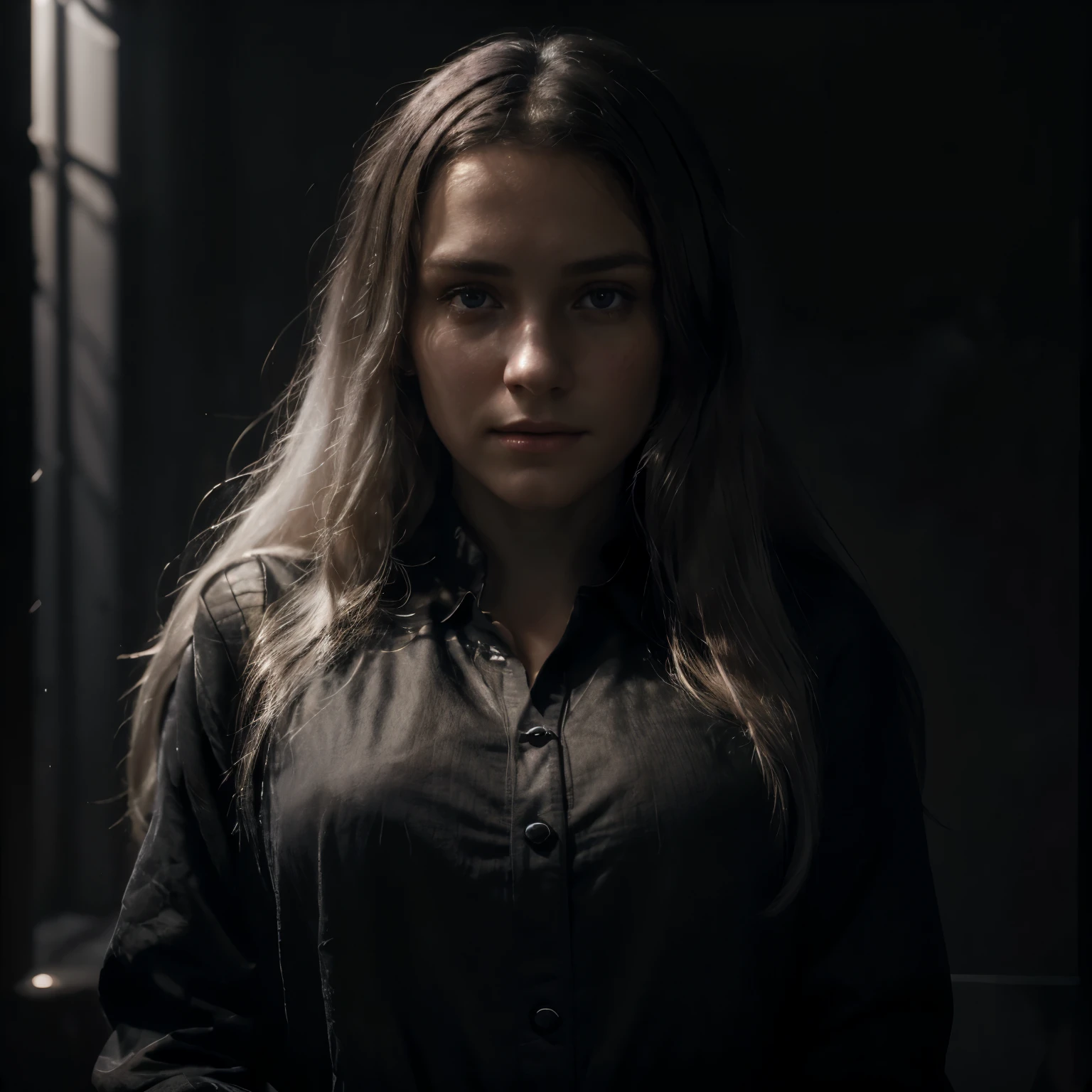 (front focus), (in the dark:1.6), Hyperrealist portrait of female by david hockney and alphonse mucha, fantasy art, photo realistic, dynamic lighting, artstation, poster, volumetric lighting, very detailed faces, 4 k, award winning, 1girl, in the dark, deep shadow, low key, cowboy shot, (official clothing:1.4), long hair, white hair