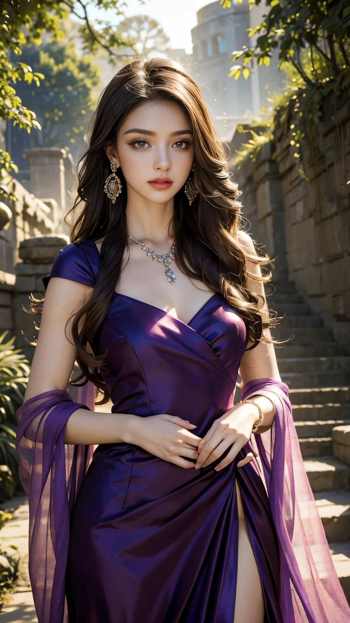 8K, ultra hd, masterpiece, best quality, a beautiful girl, long hair, impressive hairstyle, royal hair jewelry, jewellery earrings, antique jewellery, details eyes, beautiful eyes, meticulous makeup, thin eyebrows, beautiful lips, small breasts, royal dress, purple dress, strap dress, realistic colors, magic effect, epic scenery, epicness background, perfect body,