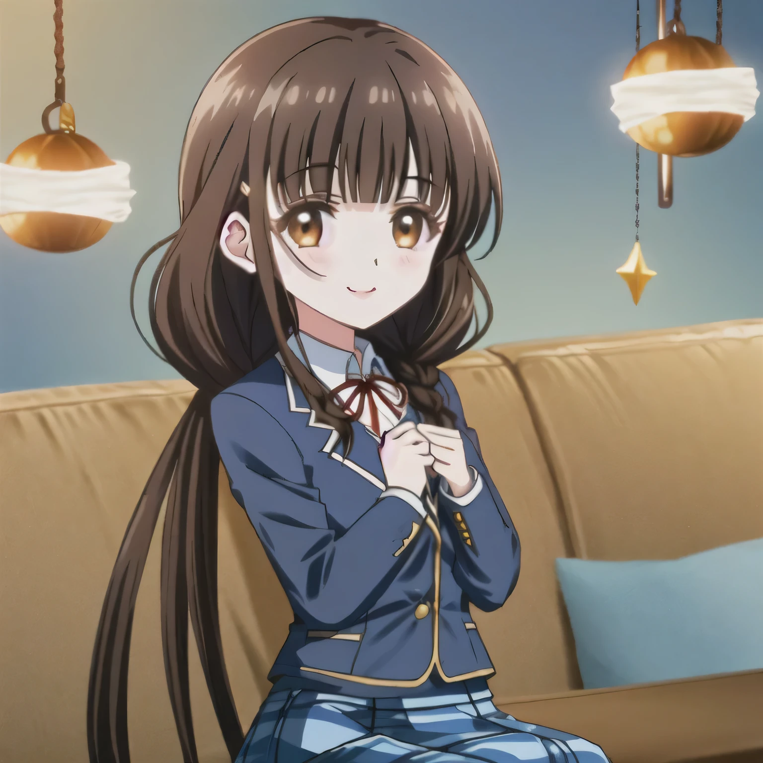 highest quality, (masterpiece:1.2), very detailed, A girl sitting looks at the viewer and smiles, Glossy lips that make you want to kiss, nice smile, big brown eyes, (((dark brown hair))), , long braids, big shiny hair clip, school uniform, ((Light blue blazer with golden emblem on left chest)), ((big red ribbon on the chest)), very shiny hair、laughter、bright look、Both face and hair catch the light and shine, The corners of the eyes are drooping, Cute braids, The expression of a maiden in love, (((twin braid hairstyle))), ((((Blue and navy tartan check mid-length skirt)))), A gentle and cute expression staring at the viewer, double eyelid, ((long eyelashes)), pure white background, round face, the skirt is very cute