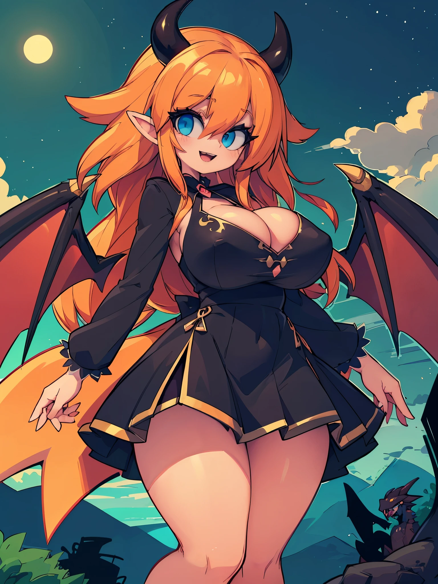 Masterpiece, Hyper detailed, Best quality, UHD, Ultra high resolution, (16K), (((3D))), Rose_(DragonCrisis), :D expression, 1 girl, (((Black_dragon_horns))), (((Black_dragon_wings))), ((Anatomically correct)), (Fair skin), Voluptuous, Sexy, Curvy waist, Nipples, (Detailed long red/black dress with long sleeves), (Long orange hair), (Hyper detailed eyes, Shiny eyes, Pieeyes, blue eyes, ultra-intricate pupil in eyes, Round eyes, Longeyelashes: 1.0) Long elf ears, Ultra-detailed face, Highly Detailed Lips, Female_demoness, (Outline, Sharp corners), {{{Dark lighting}}} ((Night)) ((Standing in a center of a very dense foresty area with clouds and moon over head)) (soft light coming off of moon)