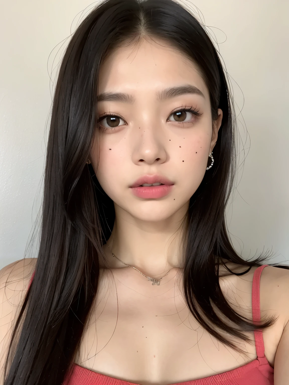 Kim Jennie de blackpink con el cabello rubio claro, cabello rubio con ondulado, cabello de color rubio ondulado, with small fringes, ojos color ?????, nariz respingada y bonita, labios gruesos, Cupid and heart shaped lips......, labios rosas, pale, piel blanca, piel bonita y suave, con pecas y lunares, cejas bonitas, marked and beautiful clavicle, mientras tiene un polo con rosas color rojo tinto, rojo oscuro, con ropa interior femenina, con un short corto, short bonito y corto, abdomen delgado y bonito, escote desnudo, (pechos grandes, pechos suaves, pechos naturales, escote desnudo), mientras agarra una rosa, mirando a la camara, autofoto