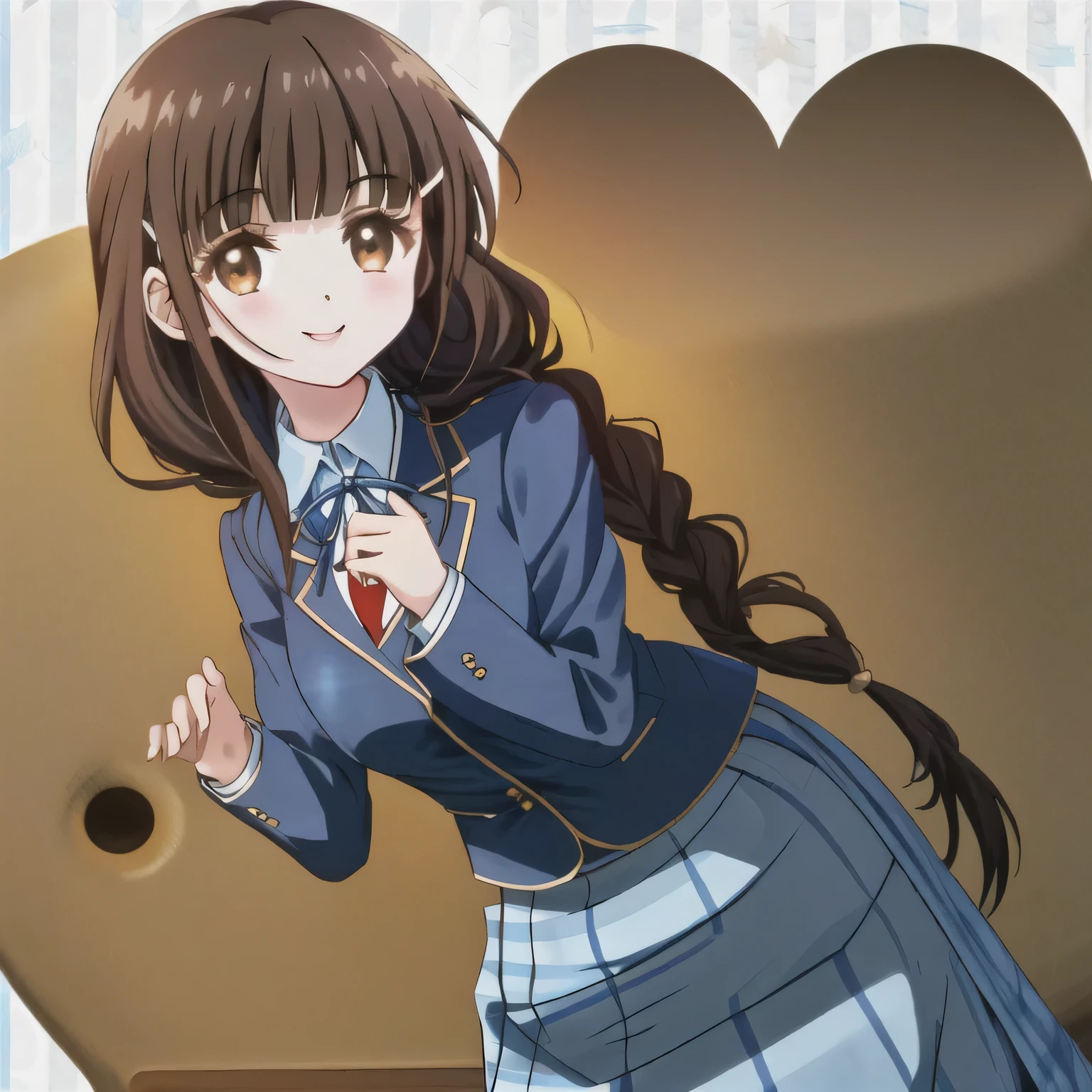 highest quality, (masterpiece:1.2), very detailed, A girl sitting looks at the viewer and smiles, Glossy lips that make you want to kiss, nice smile, big brown eyes, (((dark brown hair))), 15 years old, long braids, big shiny hair clip, school uniform, ((Light blue blazer with golden emblem on left chest)), ((big red ribbon on the chest)), very shiny hair、laughter、bright look、Both face and hair catch the light and shine, The corners of the eyes are drooping, Cute braids, The expression of a maiden in love, (((twin braid hairstyle))), ((((Blue and navy tartan check mid-length skirt)))), A gentle and cute expression staring at the viewer, double eyelid, ((long eyelashes)), pure white background, round face, the skirt is very cute