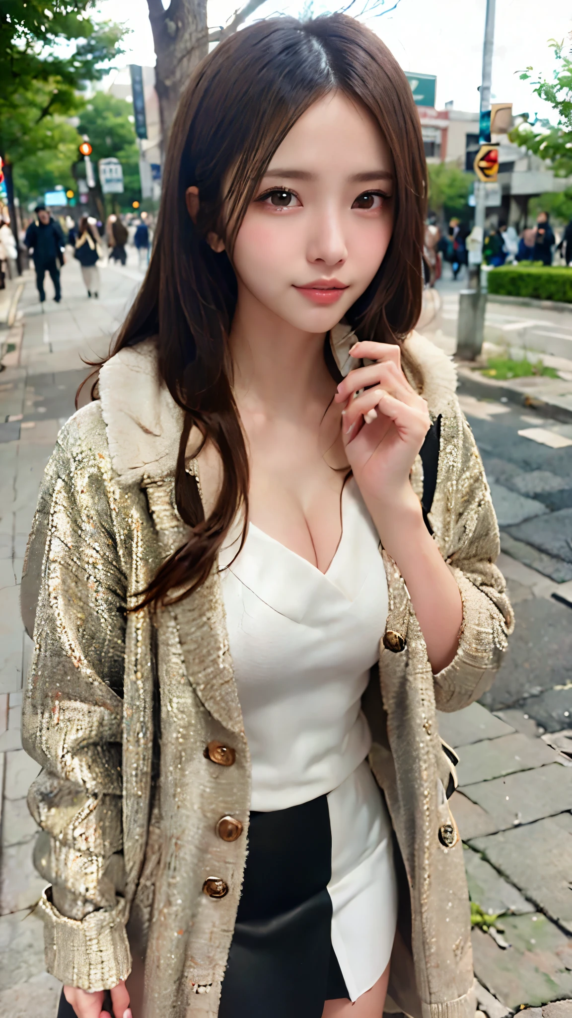 1 beautiful young girl, Super beautiful detailed face, smile shyly, (Slender body:1.2), (black glittery metallic super stylish dress, Long coat with fluffy white fur), dark brown hair, semi-long hair, (Fine face:1.2), conceptual art, High quality, Realistic, extremely detailed CG unified 8k wallpaper, highly detailed, High-definition raw color photos, professional photography, Realistic portrait, Cinematic Light, Beautiful detailed, Super Detail, high details, (((Bokeh))), depth of fields, illumination, Neon Street, Super stylish lighting, (Beautiful small breasts:1.2)