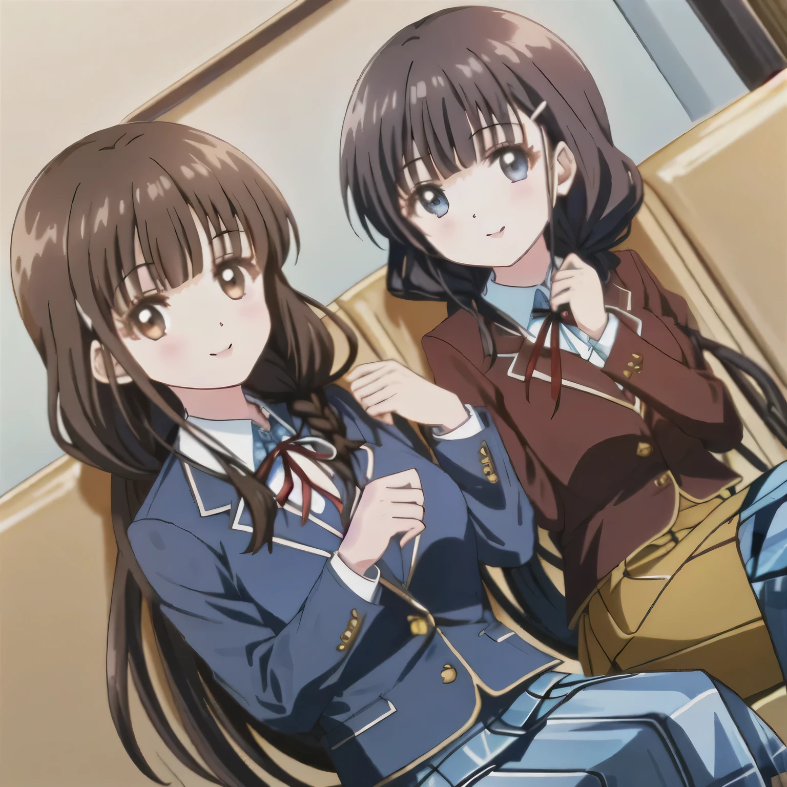 highest quality, (masterpiece:1.2), High resolution, perfect pixel, very detailed,thin and sharp lines, ((smooth texture:1.2, Anime CG style)), only one girl, One girl sitting is looking at the viewer and smiling, Glossy lips that make you want to kiss, nice smile, big brown eyes, (((dark brown hair))), , long braids, big shiny hair clip, , ((Light dark blue blazer with golden emblem on the left chest)), ((Japanese-style school ribbon with a large navy blue stripe on the chest)), very shiny hair、laughter、bright look、Both face and hair catch the light and shine, The corners of the eyes are drooping, Cute braids, (((Dark brown tightly braided hairstyle))), ((((dark blue & Deep navy tartan check middle long skirt)))), A gentle and cute expression staring at the viewer, ((long eyelashes)), round face, the skirt is very cute, brown leather shoes, white socks