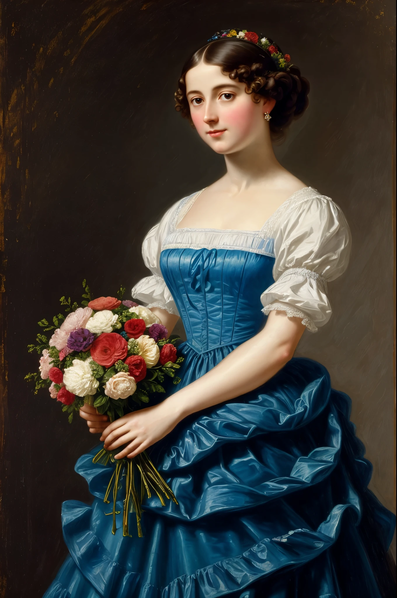 a painting of a woman in a blue dress holding a bouquet of flowers, inspired by Thomas Lawrence, charles sillem lidderdale, inspired by Sophie Pemberton, by Thomas Stuart Burnett, portrait of a princess, inspired by Franz Xaver Winterhalter, portrait painting of a princess, regency-era, portrait of princess, inspired by Friedrich von Amerling