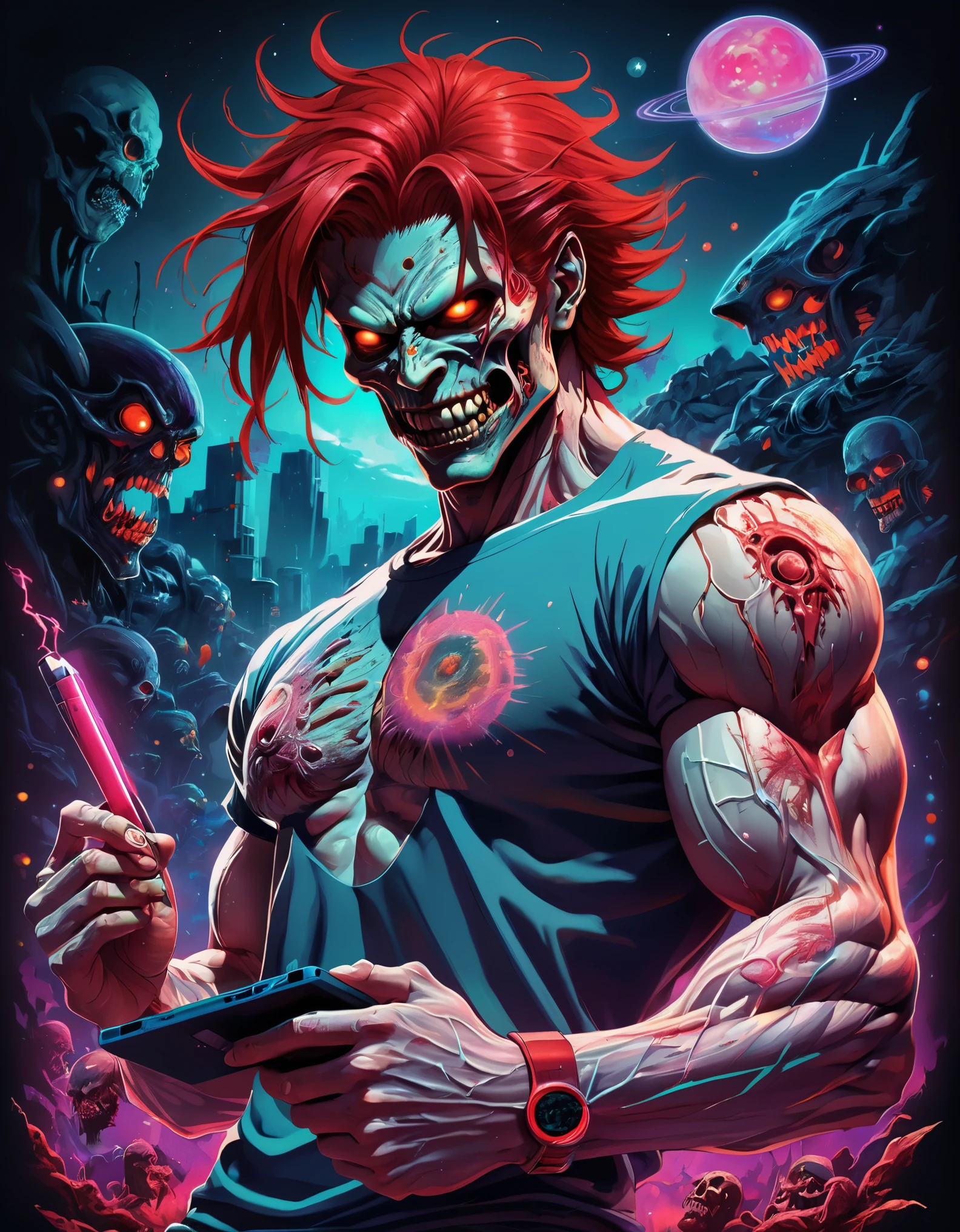 "A neon-lit fantasy world comes to life on your t-shirt, as an undead man plays his 3ds with surreal precision. The cosmic colors and detailed rendering will transport you to another dimension."Yujiro Hanma,serene smile,detailed red hair,muscular body,tough expression,intimidating presence,powerful stance,showcasing his immense strength"